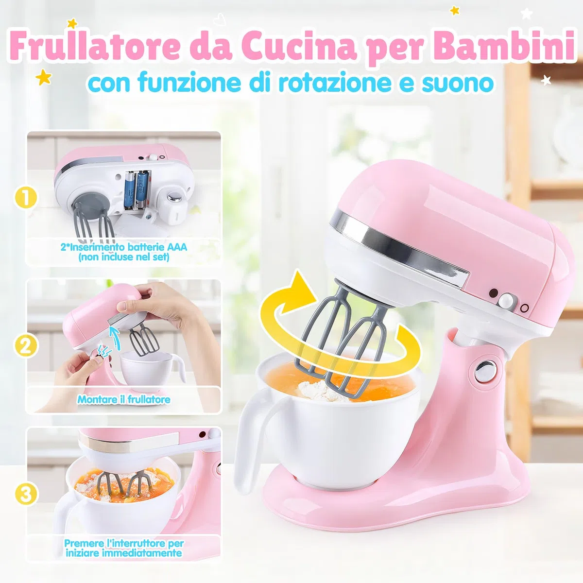 PLAY Accessori Cucina Bambini, Set di Accessori Cucina Giocattolo con Macchina Caffè Giocattolo, Mixer, Frullatore e Tostapane con Luci e Suoni, Kit Elettrodomestici Cucina per Bambini da 3+ (Rosa)