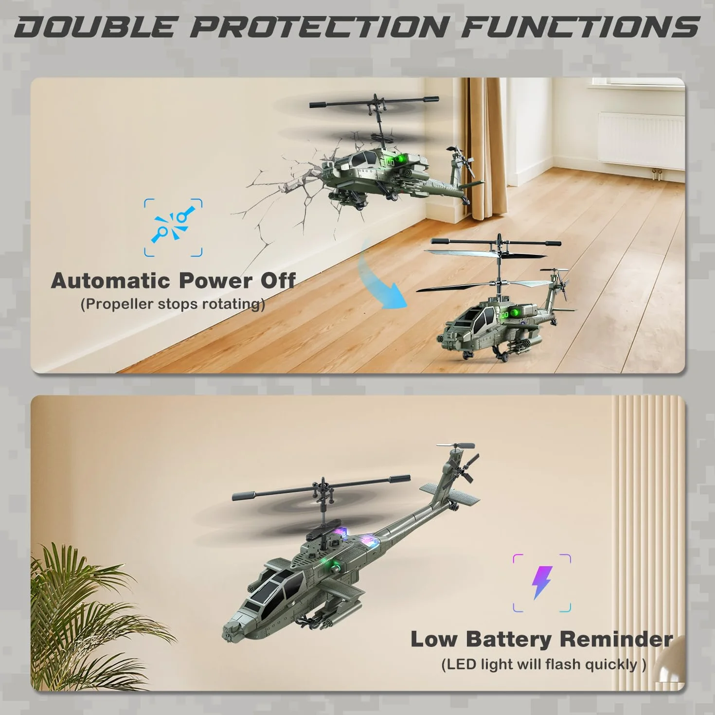 VATOS 2.4G Elicottero telecomandato con 2 batterie e luce LED con decollo con un solo tasto, serie militare di giocattoli elicottero RC per bambini o principianti di età compresa tra 14+