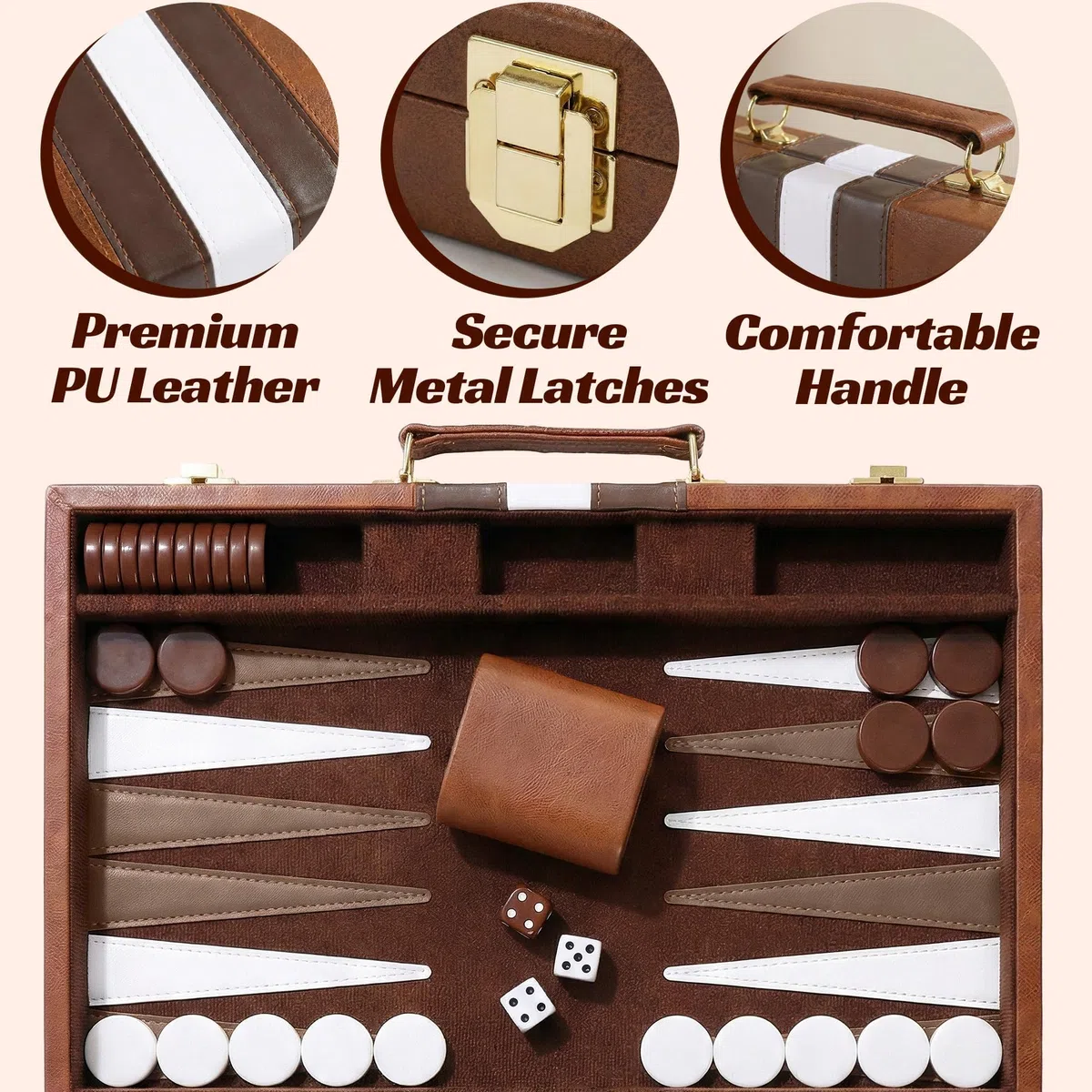 Backgammon Gioco, PUYUKO Backgammon Set Valigetta 11 Pollici Set Gioco da Tavolo per 2 Giocatori con Accessori per Adulti, Amici e Famiglia (Marrone)