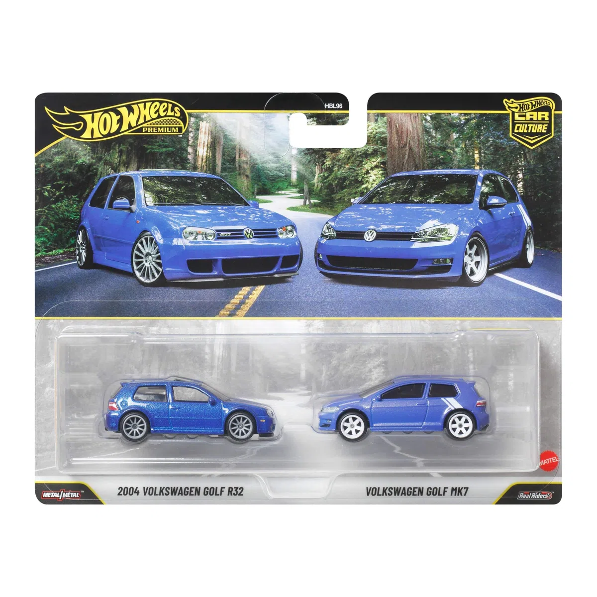 Hot Wheels Premium Car Culture (2004 Volkswagen Golf R32 & Volkswagen Golf MK7), set da 2 veicoli collezionabili in scala 1:64 con pneumatici Real Riders e telaio in Metallo, 3+ anni, JHW49