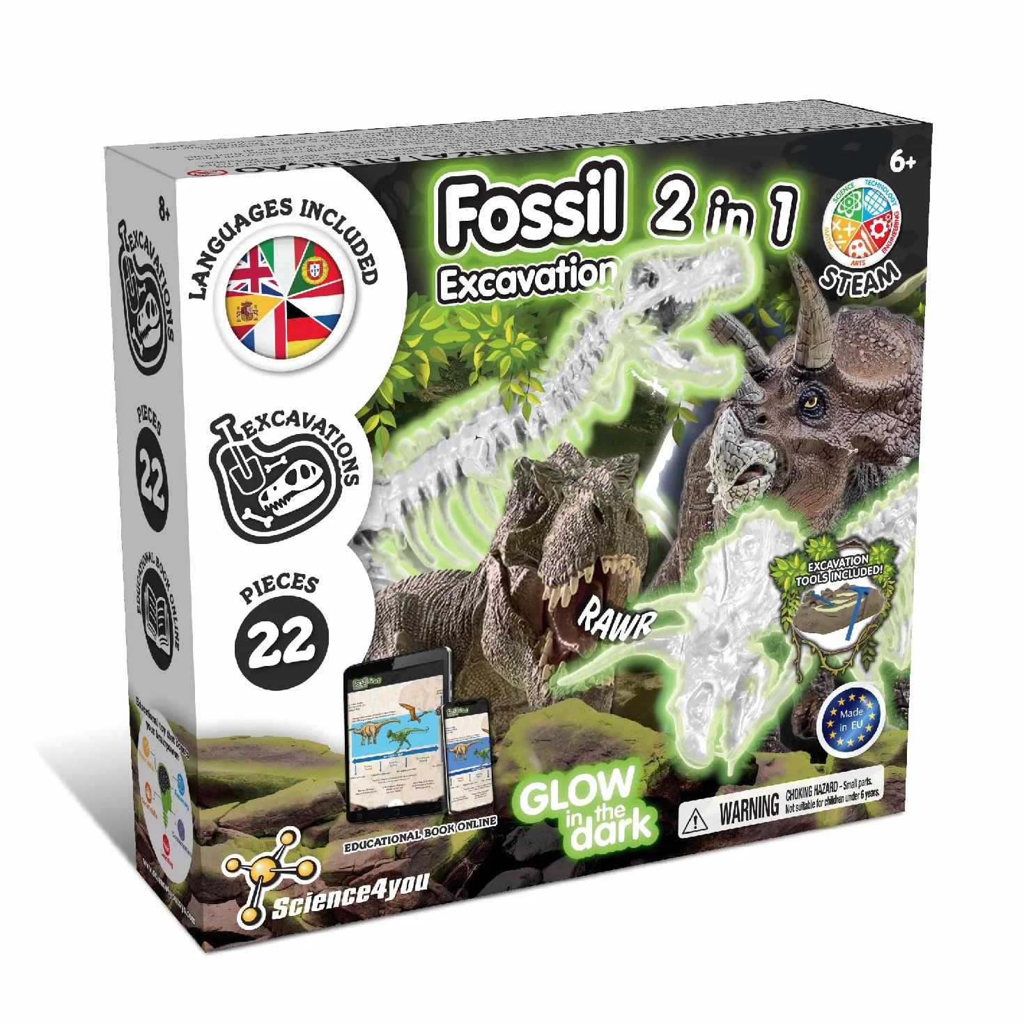 Science4you Kit Dinosauri 2 in 1 - Fossili da Scavare che si Illuminan al Buio di 2 Dinosauri: T Rex e Triceratopo, Scheletro Dinosauro, Giocattoli per Bambini 6 7 8 9+ Anni