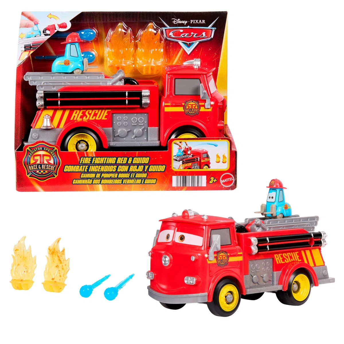 Mattel CARS - Sfreccia e Soccorri Red e Guido Pompieri, set con camion dei pompieri, 2 bersagli a forma di fiamma e 2 proiettili ad acqua inclusi, giocattolo per bambini, 3+ anni, JFL54