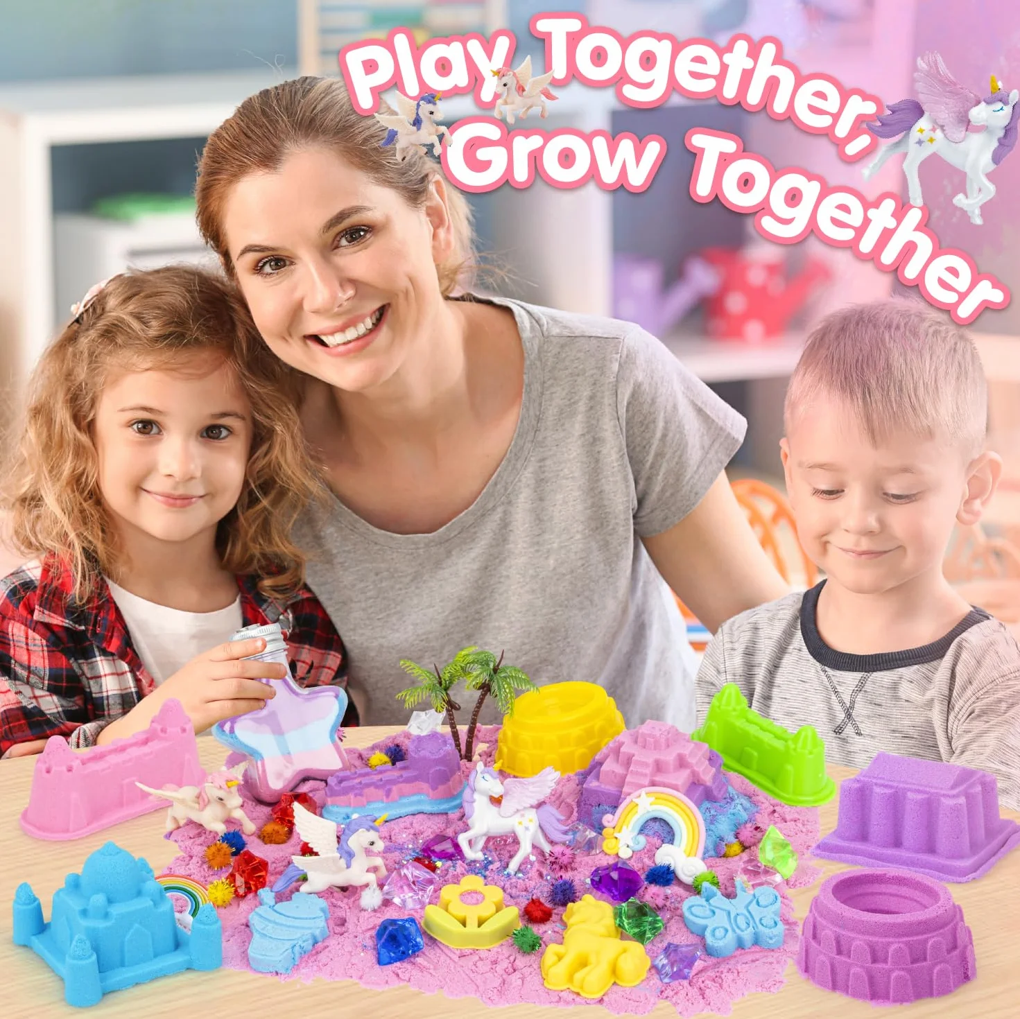snookids Sabbia Magica per Bambini, Set di Giocattoli da Sabbia Unicorno, con Cera d'api Naturale, 24 Formine, 3 Unicorni, Conchiglia con Coperchio, Sensoriale per Giochi bambina 3 4 5 6 7 8 9+ Anni