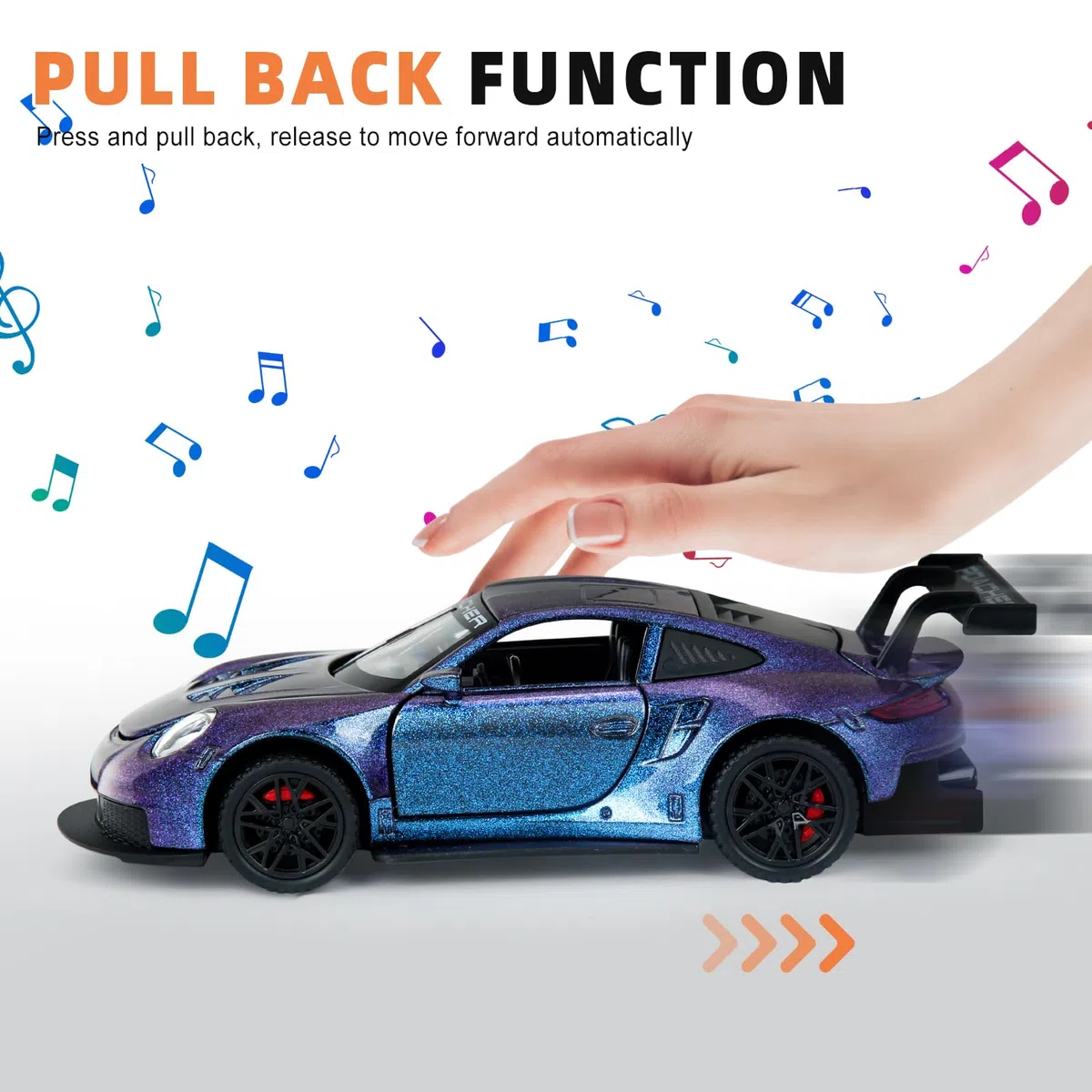 911 GT3RS 1:32 Modellino, Macchinine in Metallo Pressofuso, Giocattoli per Bambini con Suoni e Luci con Funzione pull-Back per Bambini dai 3 Anni in su e Collezionisti di Auto (Viola)