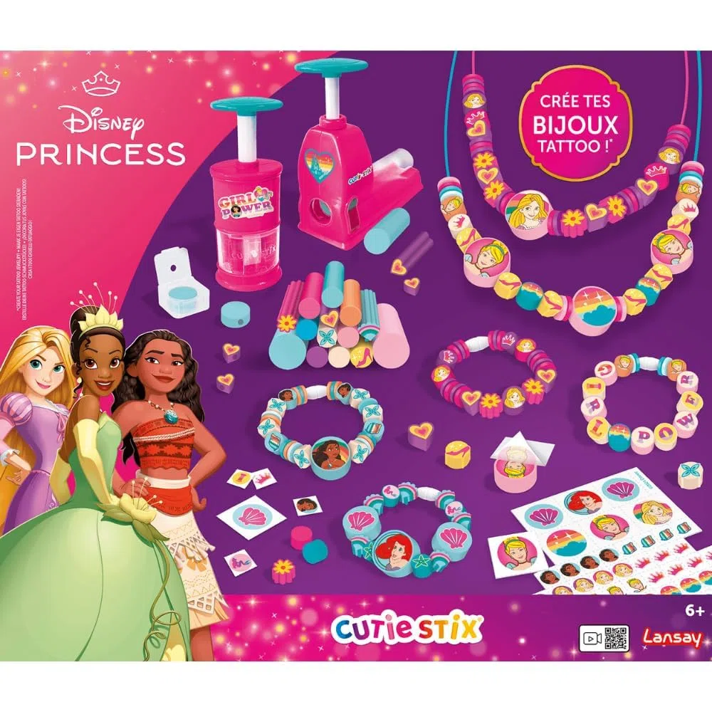 Lansay - CUTIE STIX - Set Principesse Disney - Kit Creazione Braccialetti per Bambini dai 6 Anni - Crea Perline con Stix Morfidi e Tatuaggi Disney - Attività Manuale Creativa Idea Regalo DIY