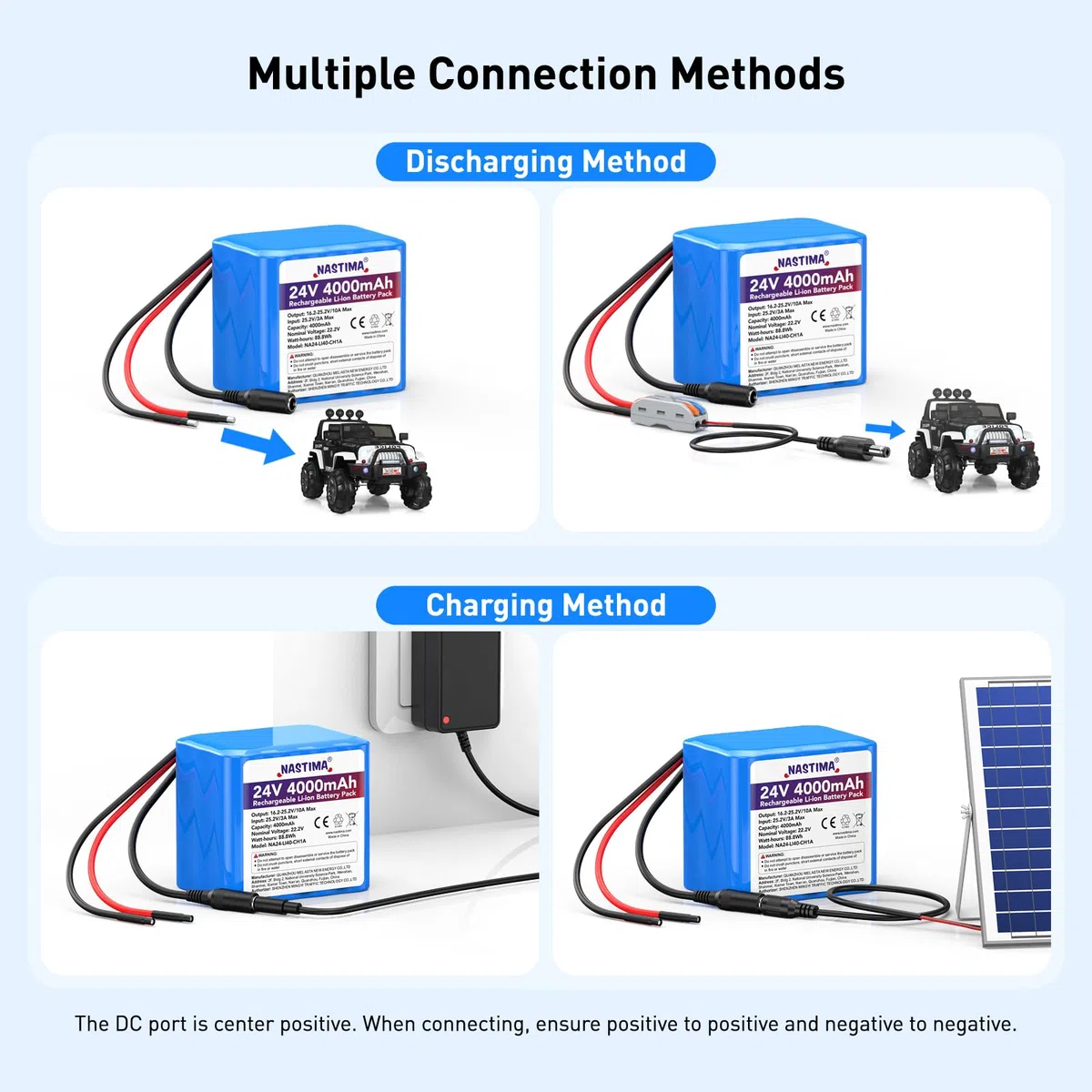 NASTIMA 4000mAh 88,8Wh 24V Batteria Ricaricabile Agli Ioni di Litio Adatto per Altoparlanti Bluetooth, Impianti Solari, Auto RC, Fai da Te, ecc. Include Caricabatterie e Connettore