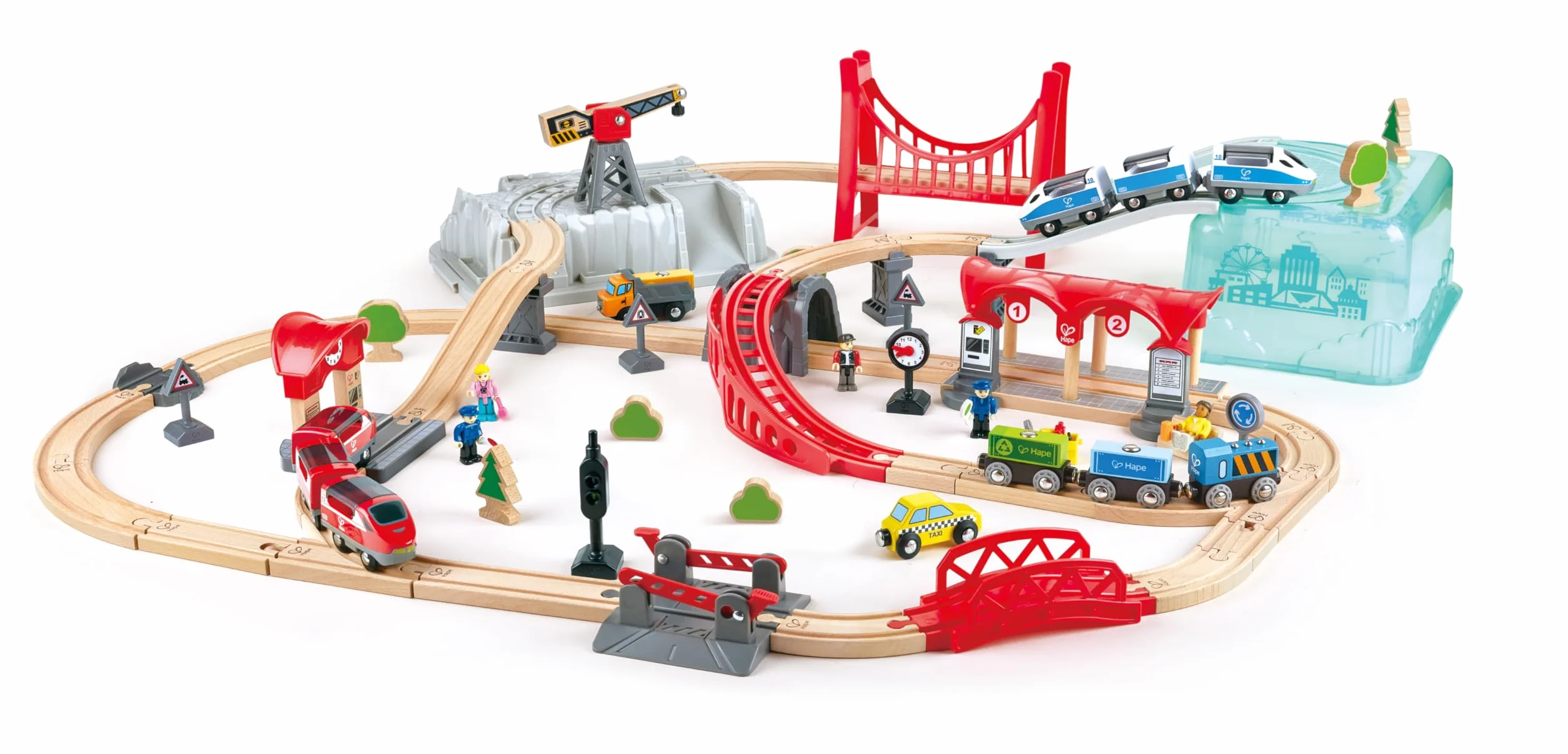 Hape Set Treno in città | Con binari, ponti, personaggi, trenino e box | Per bamini dai 3 anni