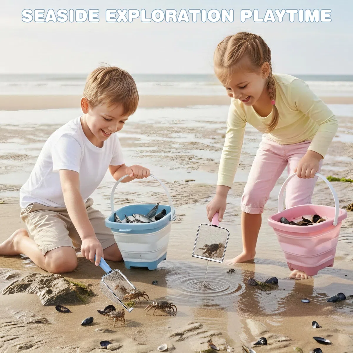 Dreamon Giochi Spiaggia Bambini Set 3 4 5 Anni con Secchiello Spiaggia Bambini Pieghevole Sacco a Rete Setaccio per La Sabbia Pala e Rastrello Giocattoli Regalo Esterno per Bambini e Bambine