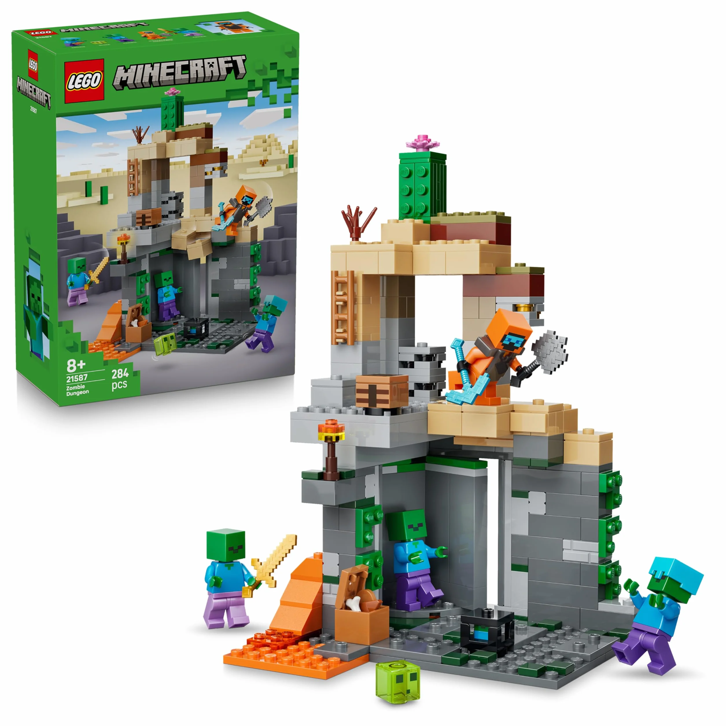 LEGO Minecraft Zombie Dungeon - Giocattolo Interattivo con Minifigure di Viandante, 3 Figure Zombie, Slime e un Tavolo da Crafting - Regalo per Gamer, Bambini e Bambine da 8 Anni in su - 21587