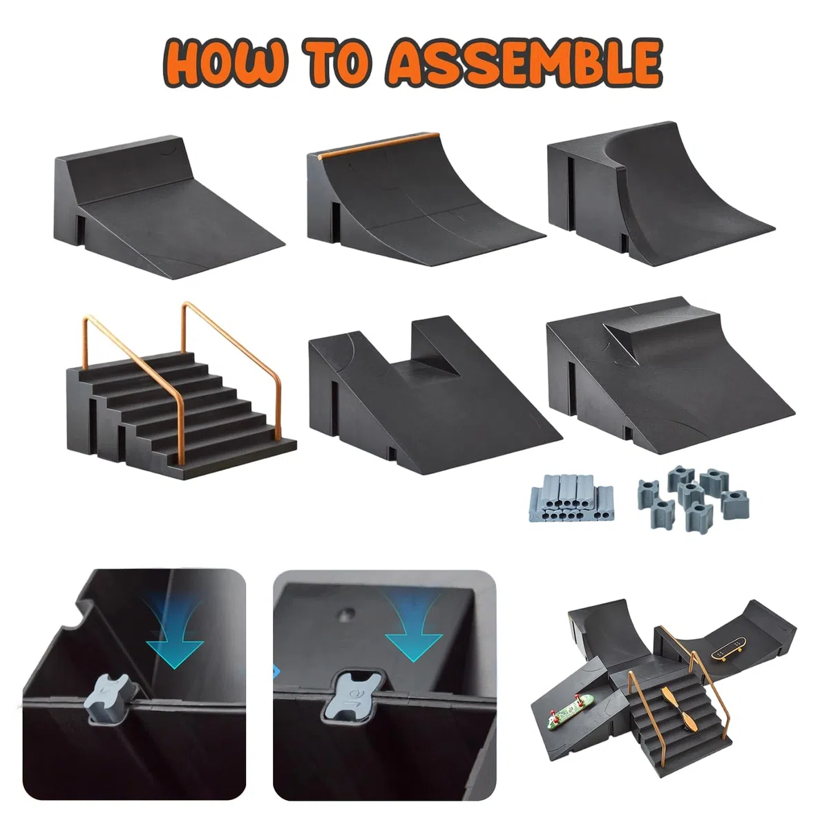 Mini Skateboard da Dita, Pista Skateboard, Mini Skate, Skateboard per Dita, Set Modulabile con 6 Ramp e Connettori, per Pratica Trick, Gioco Creativo, Regalo Bambini