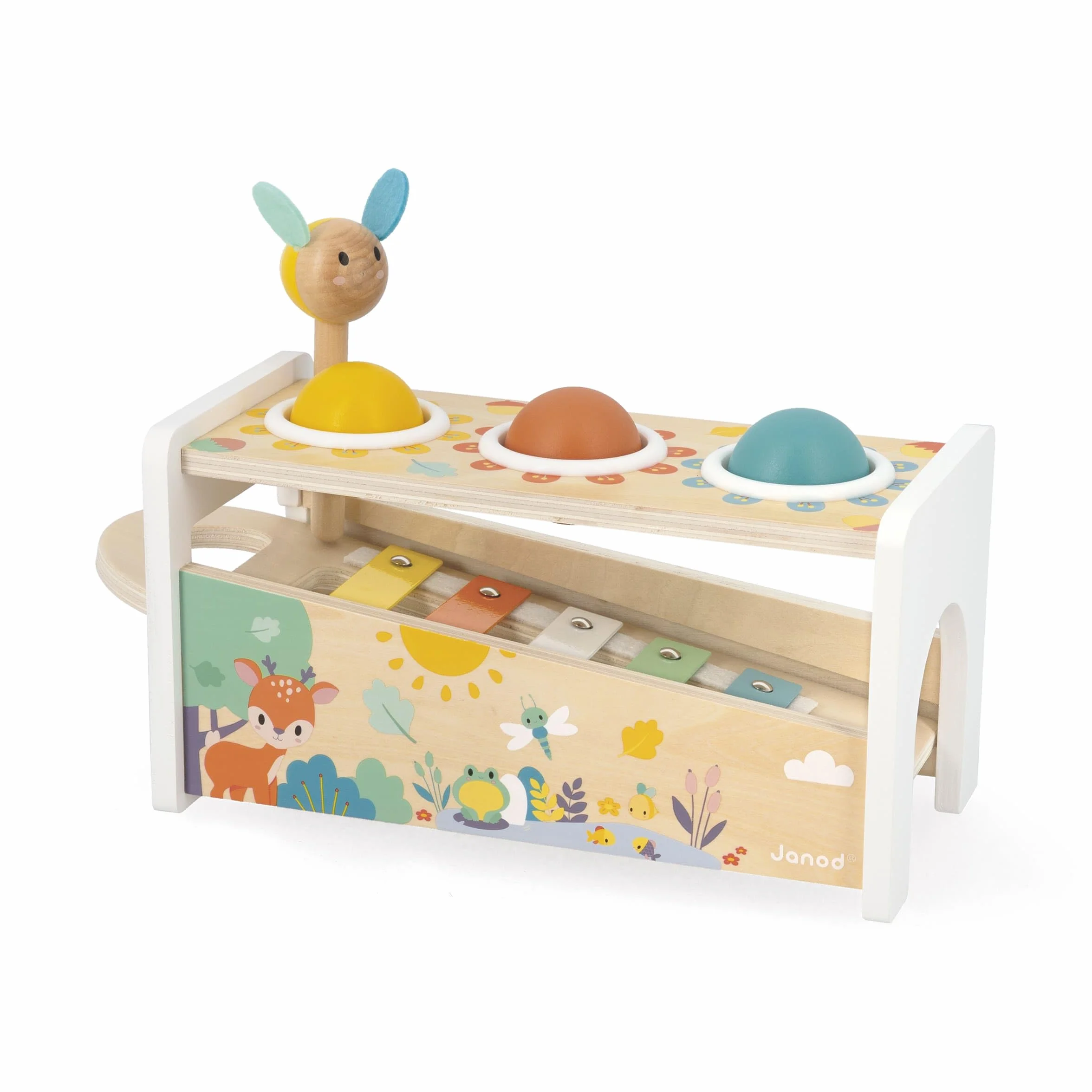 Janod - Tap Tap Xylo Pure - Gioco in Legno 2 in 1 - Gioco Musicale e di Abilità - con 3 Palline + Martello + Xilofono - A Partire dall'anno, J05155