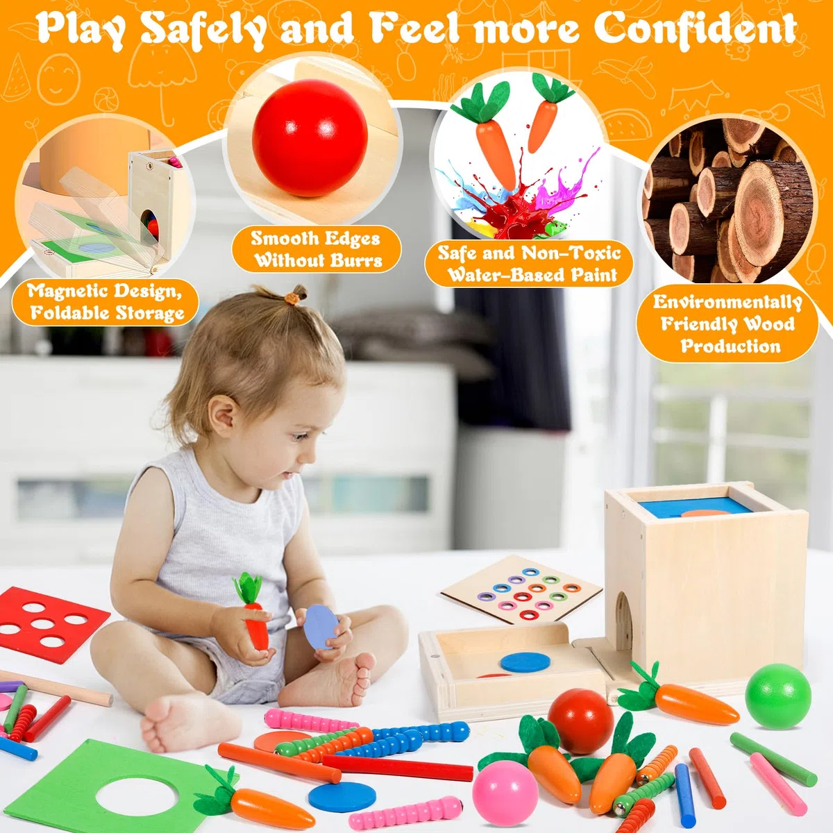 Purpledi Giochi Legno Bambini, 6 in 1 Giochi Montessori Cubo Multiattivita Legno Gioco per 1 2 3 Anni Ragazzi Ragazze, Interattivo Giocattoli Educativi per Bambini Come Regalo di Natale (A)