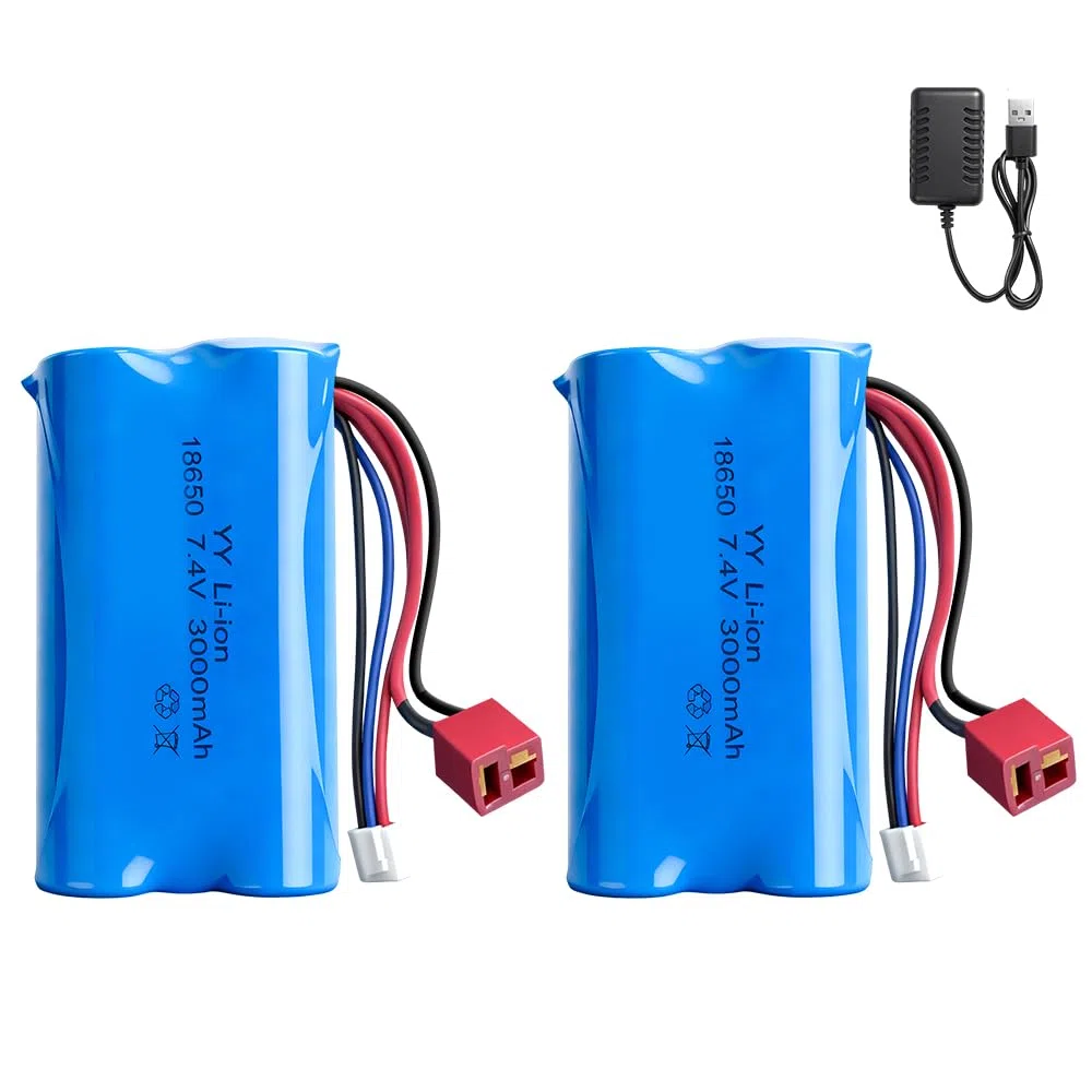 2 batterie ricaricabili agli ioni di litio 18650 da 7,4 V, 3000 mAh, con spina Deans T e caricatore USB, batteria agli ioni di litio 18650 per auto RC, barche, carri armati, robot