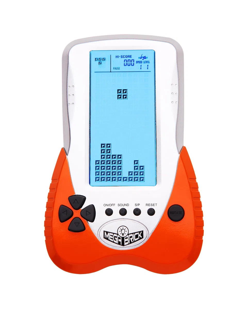 HLF Nuova console di gioco in mattoni con grande schermo La luminosità della retroilluminazione blu può essere regolata in 23 giochi compatibile con batteria al litio e batterie AAA (Arancia)