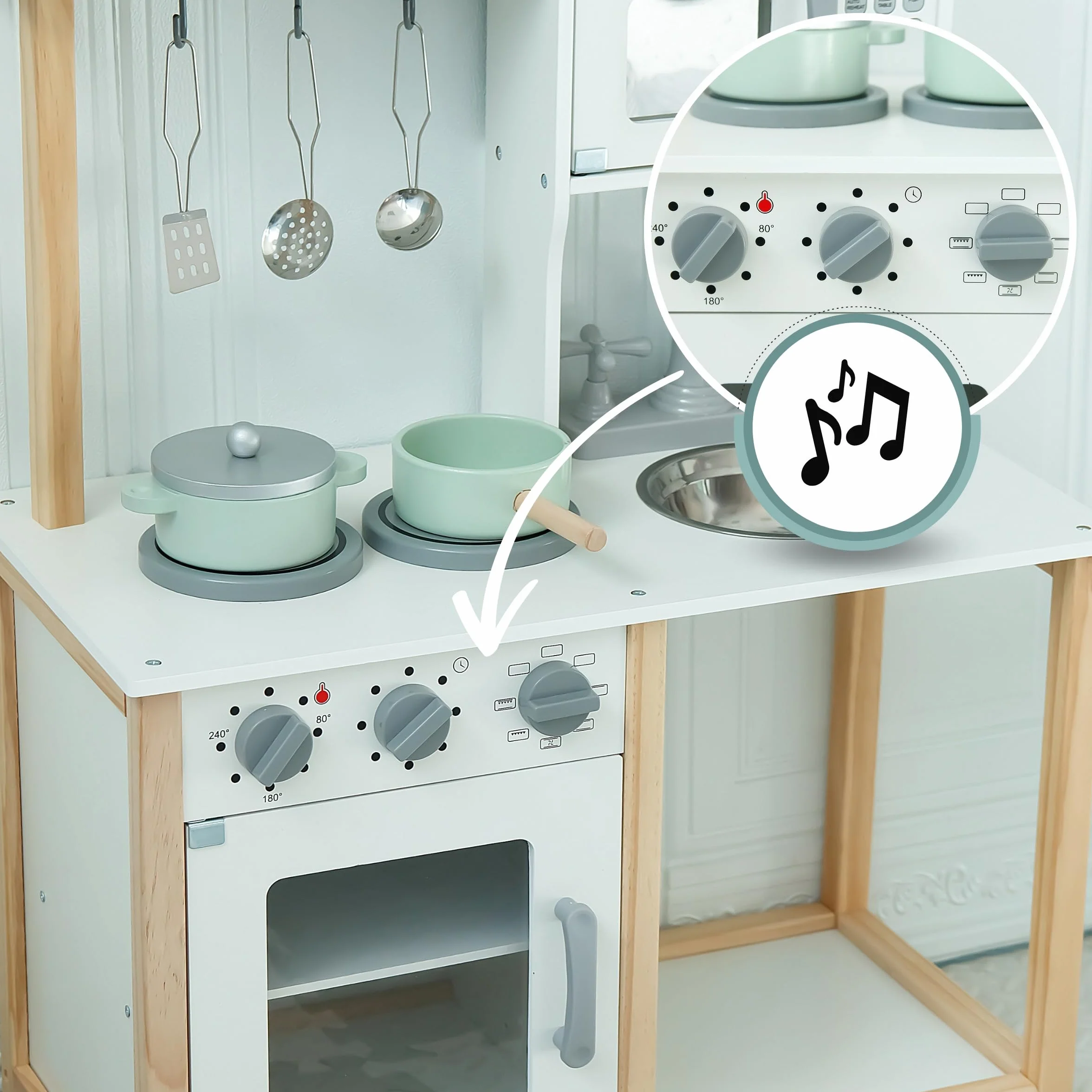 Mamabrum Cucina Giocattolo per Bambini in Legno - Cucina Completa con Forno, Microonde e Lavello - Set Montessori con Accessori e Suoni Meccanici per Bimbi da 3 Anni
