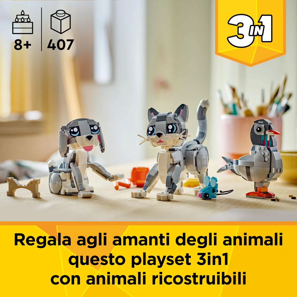 LEGO Creator 3 in 1 Gatto Giocoso Giocattolo - Animale che si Trasforma in Piccione o in Cane Domestico - Regalo di Compleanno Creativo per Bambine e Bambini da 8 Anni in su - 31163