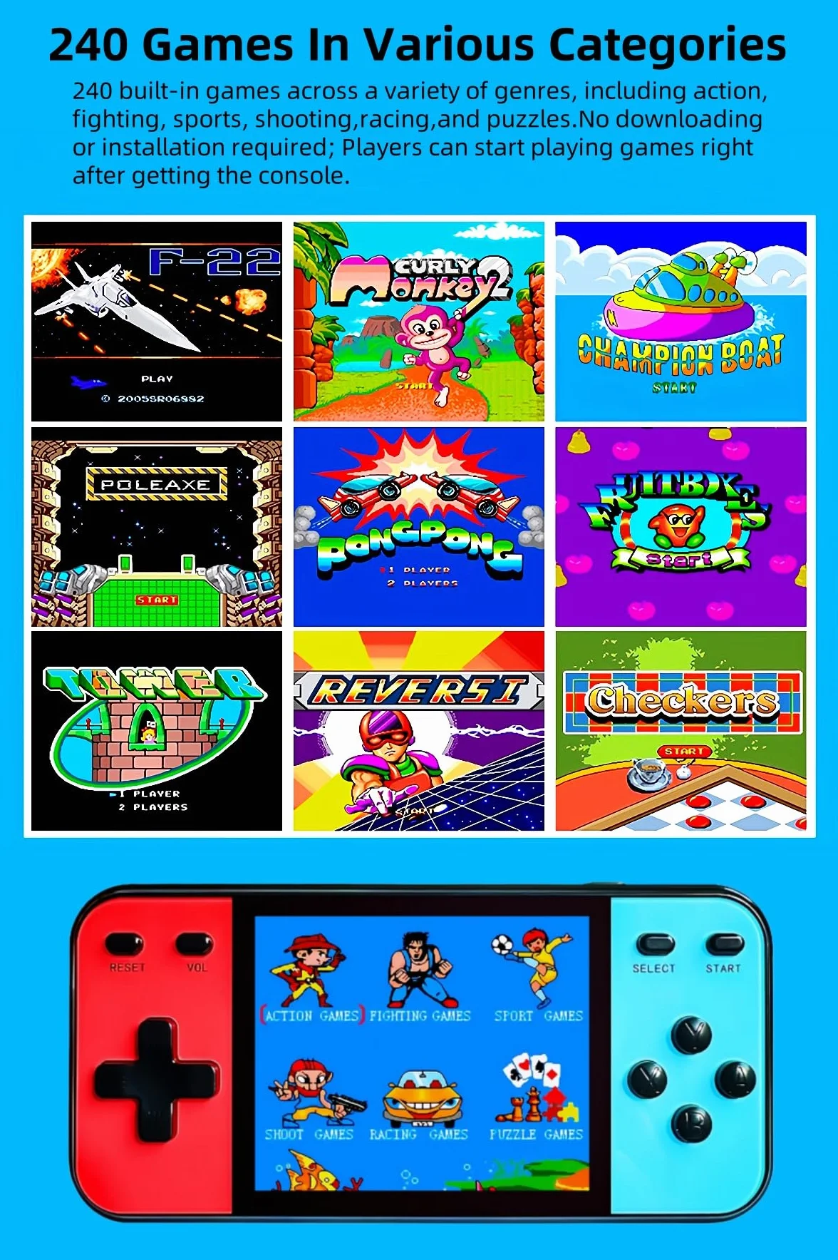 CZT 3.0" Console per Videogiochi Portatile da 240 Giochi Integrati per Azione/Sport/Aparatutto/Corse Si collega alla TV Giocattoli Elettronici Casual la casa Ideali Come Regali di Natale/feste