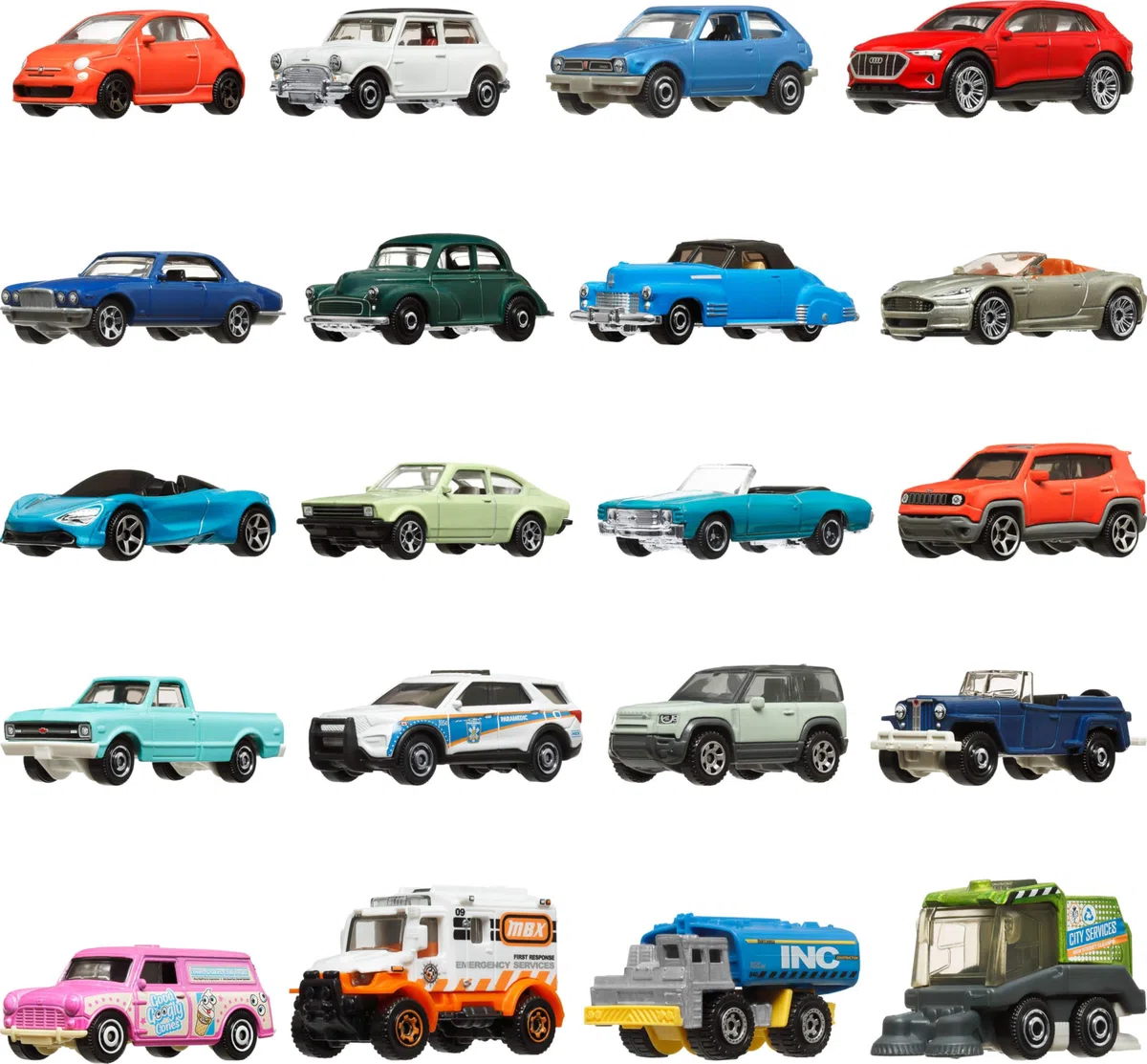 Matchbox - Confezione da 20 veicoli originali e ufficiali da collezione, auto e truck in metallo in scala 1:64 e poster Matchbox incluso, giocattolo per bambini, 3+ anni, FGM48