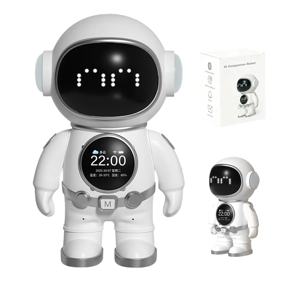 Astronauta AI - Robot da scrivania con 3 modelli Mainstream KI, controllo vocale, altoparlante Bluetooth, luce notturna, allarme intelligente e indicatore meteo, perfetto per ufficio