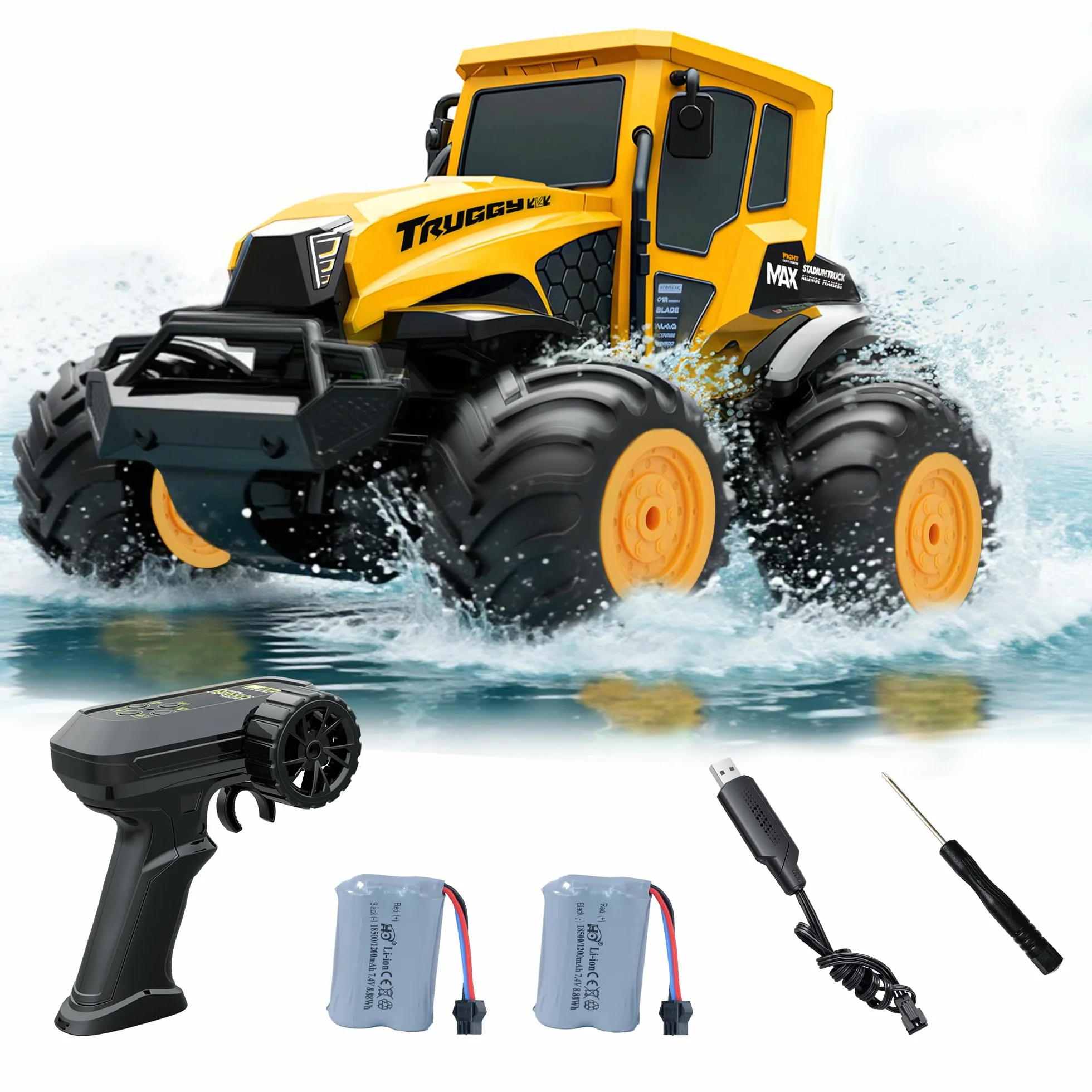 Macchina Telecomandata per Bambini dai 6 Anni, Monster Truck Telecomandato Anfibio 4x4 IPX7, Auto RC 1:14 con 2 Batterie 90 Min, Rotazione 360°, Idea Regalo Bambino 6-10 Anni