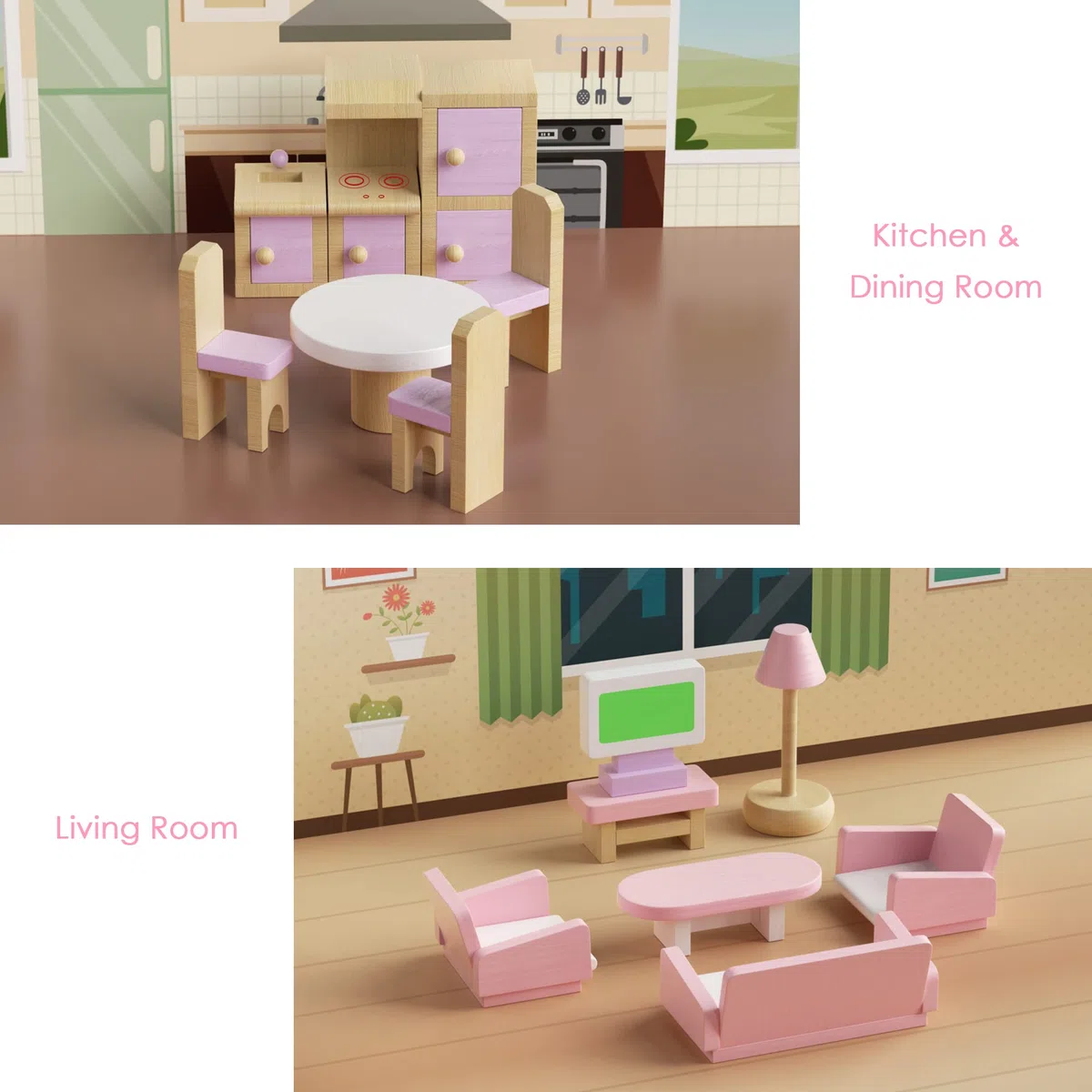 Set di Mobili per Casa delle Bambole in Legno, 5 Stanze 22 Mini Accessori Include Cucina Sala da Pranzo Soggiorno Camera da Letto Bagno per Ragazzi