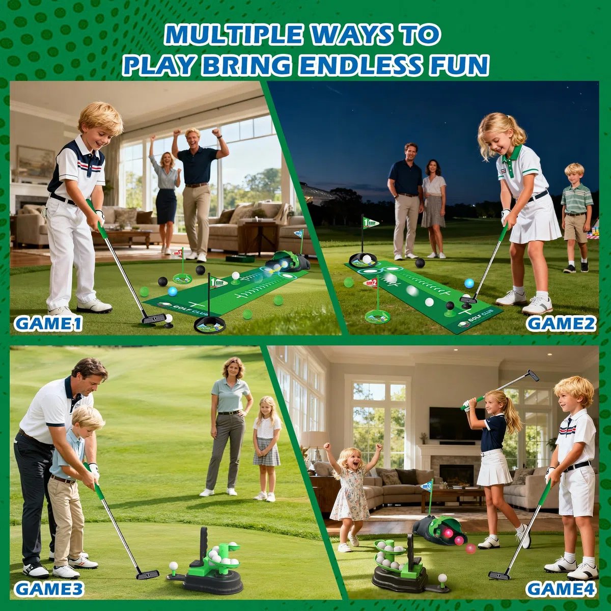 TERRAMUS Set da golf per bambini aggiornato, giocattoli da golf 3 in 1 con dinosauro, ritorno automatico della palla e lanciatore di palline, palline luminose a LED mini giocattolo da golf per età 3-8