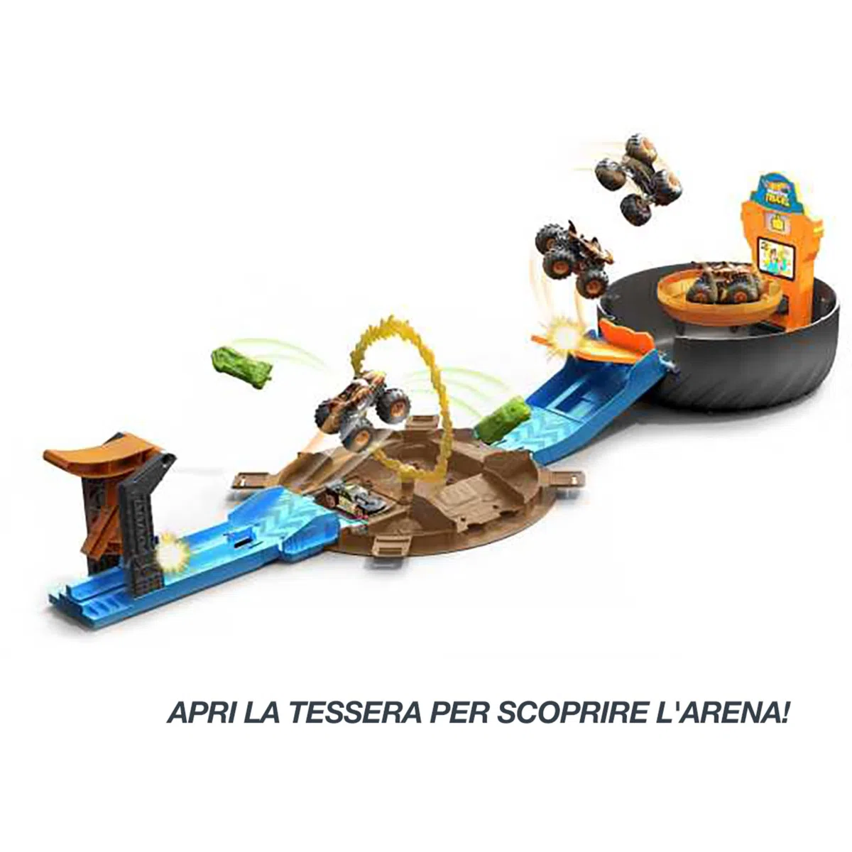 Hot Wheels Monster Trucks - Ruota Acrobatica, playset arena portatile con 3 veicoli Monster Trucks e 3 macchinine in scala 1:64 incluse, giocattolo per bambini, 4+ anni, HHY74