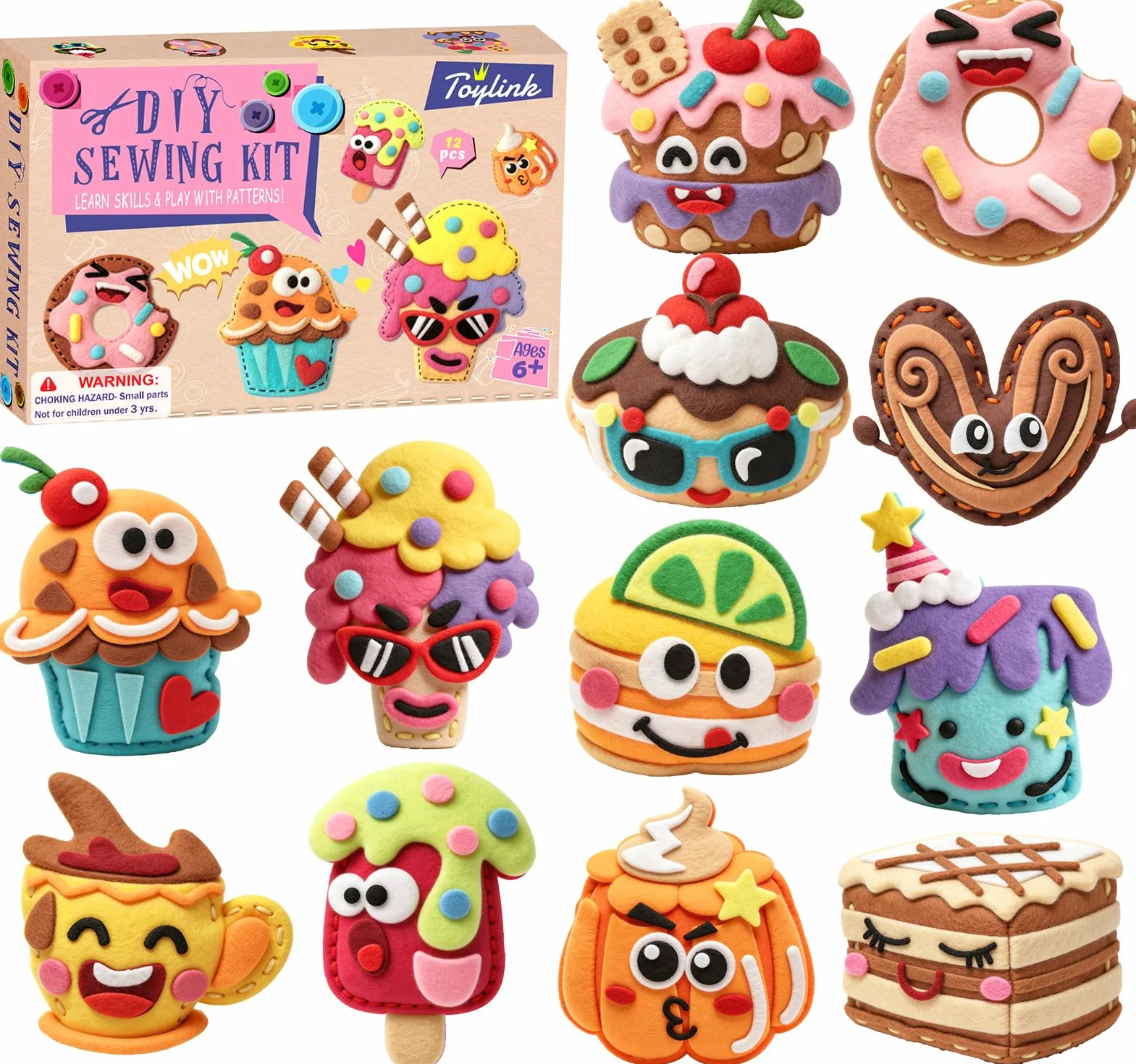Kit Cucito in Fieltro per Bambini 6-10 Anni, Kit Artigianato Ragazze 12 Dessert Feltro Fai Da Te & Fili da Ricamo & Aghi di Plastica, Creativi Cucito Regalo per Bambino 5 6 7 8 9 10 Anni (Dessert 1)