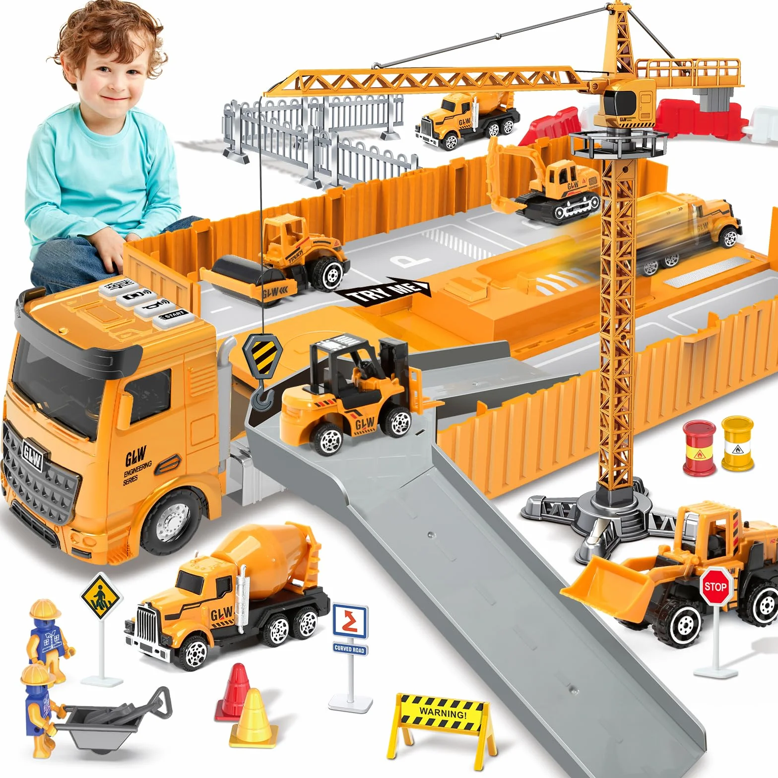 deAO Set di camion di costruzione con Camion Cargo, Bulldozer, Trattore, Carrello elevatore, Mixer, Escavatore, Gru e Camion Cassone - Grande Regalo