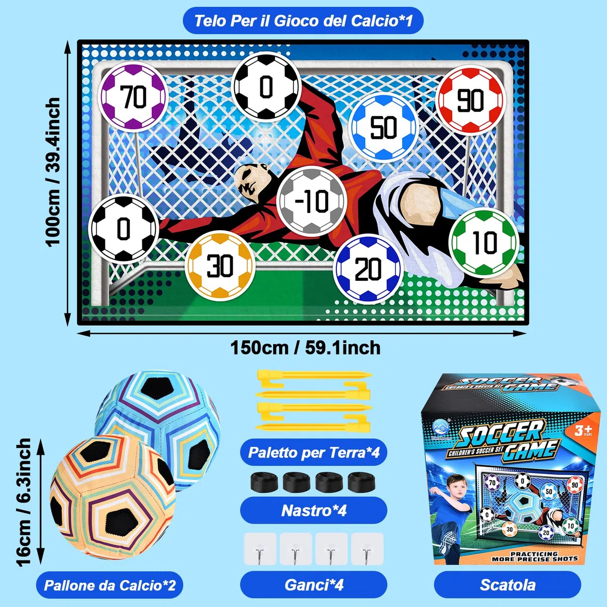 JONRRYIN Set da Gioco con Pallone da Calcio per Bambini di 3 4 5 6 7 8 Anni, Porta da Calcio in Cortile per Interni ed Esterni con Palline in Velcro, Regalo di Compleanno per Ragazzi e Ragazze