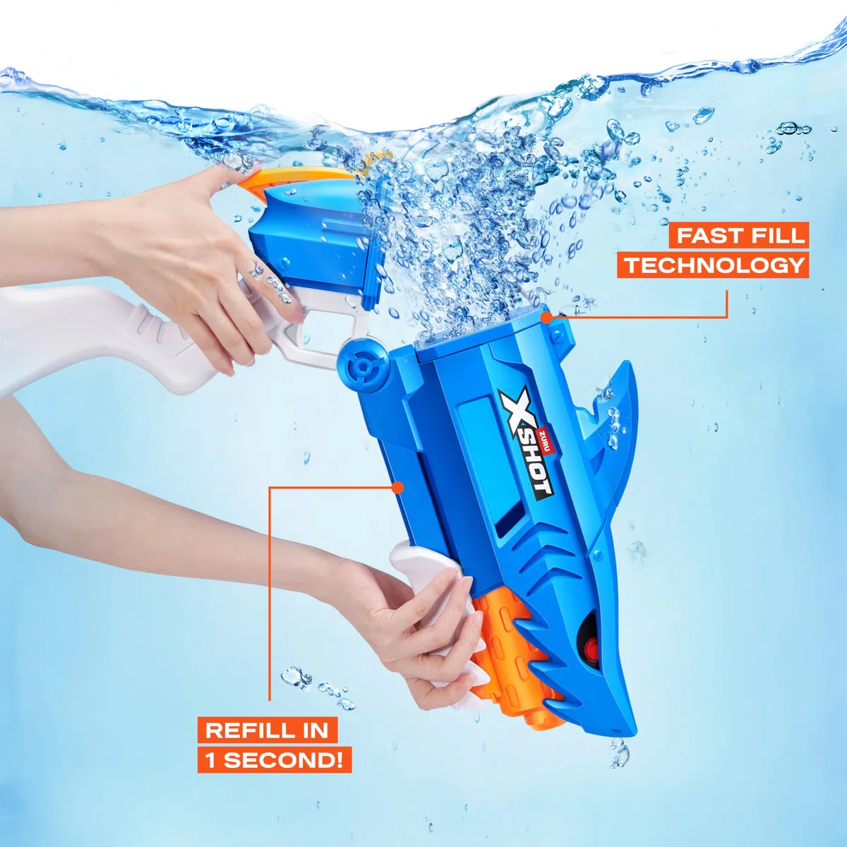XSHOT Fast-Fill Shark Attack Water Blaster by ZURU: Blaster d'acqua a riempimento rapido, design a squalo, getto 10m, serbatoio 750ml. Per bambini 5+, divertimento all'aperto.