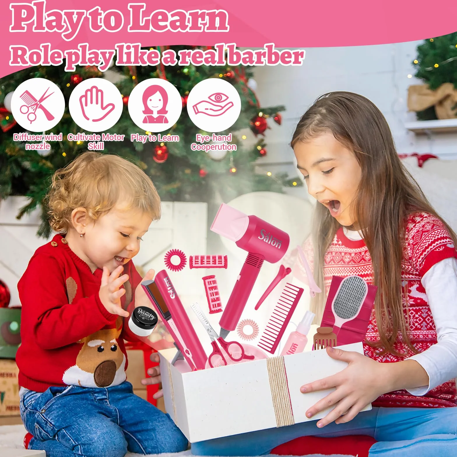 Set Parrucchiera Bambina,Gioco Parrucchieri per Bambini,25 Pezzi Kit di Bellezza e Parrucchiere per Bambini con Asciugacapelli,Arricciacapelli e Altri Accessori,Regalo Bambina 3 4 5 6 7 Anni