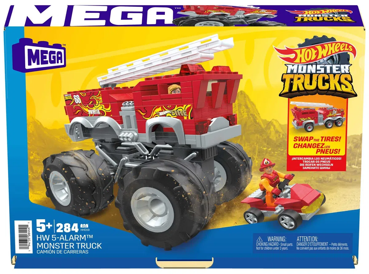 MEGA - MEGA Hot Wheels 5-Alarm Monster Truck set di costruzioni con 284 pezzi e 2 micro piloti, set regalo, Giocattolo per Bambini 5+ Anni, HHD19