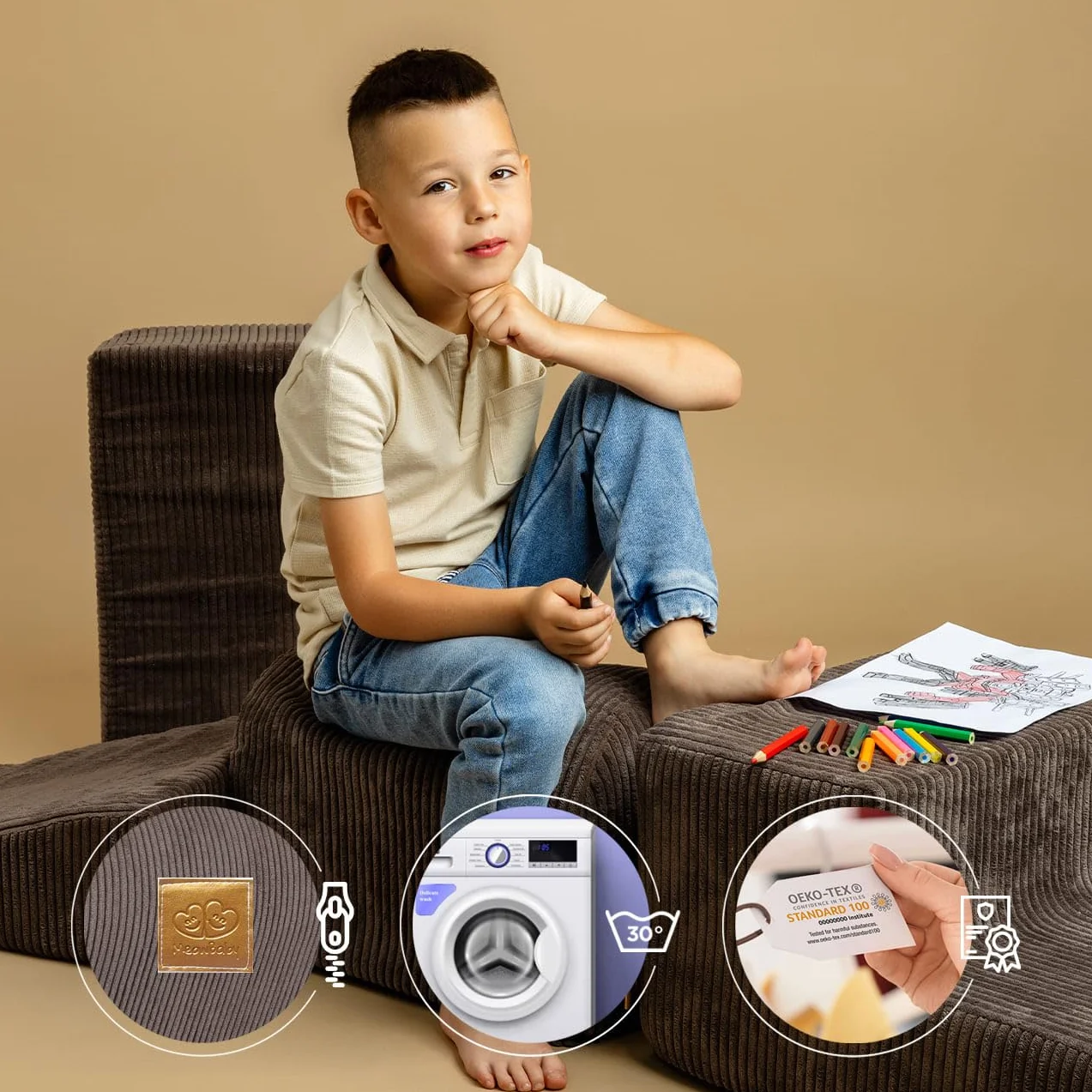 MEOWBABY Playset in Schiuma Morbida - Percorso a Ostacoli per Bambini, 4 Blocchi Modulari, Area Giochi Sicura e Interattiva 195x45 cm, Perfetto per Neonati e Prima Infanzia, Kord, Crema