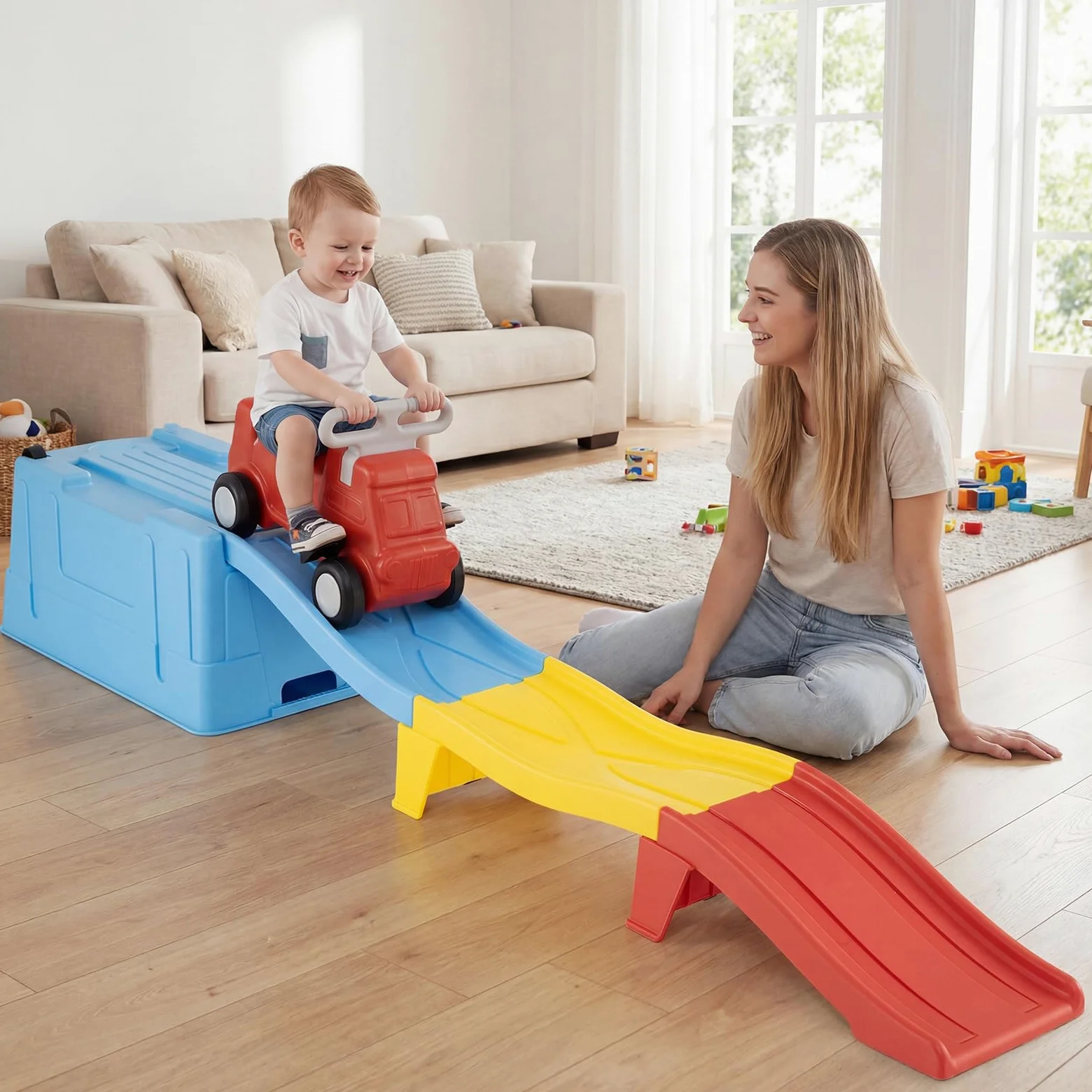 COSTWAY Macchina Cavalcabile con Scivolo, per Bambini 3 Anni+ (Blu) | Auto per Bambini con Scivolo e Vano Portaoggetti con Rotelle, Auto a Spinta per Interno ed Esterno , Portata 68 kg