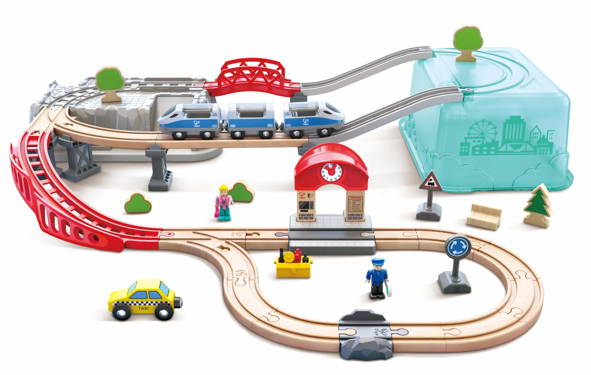 Hape Set Treno in città | Con binari, ponti, personaggi, trenino e box | Per bamini dai 3 anni