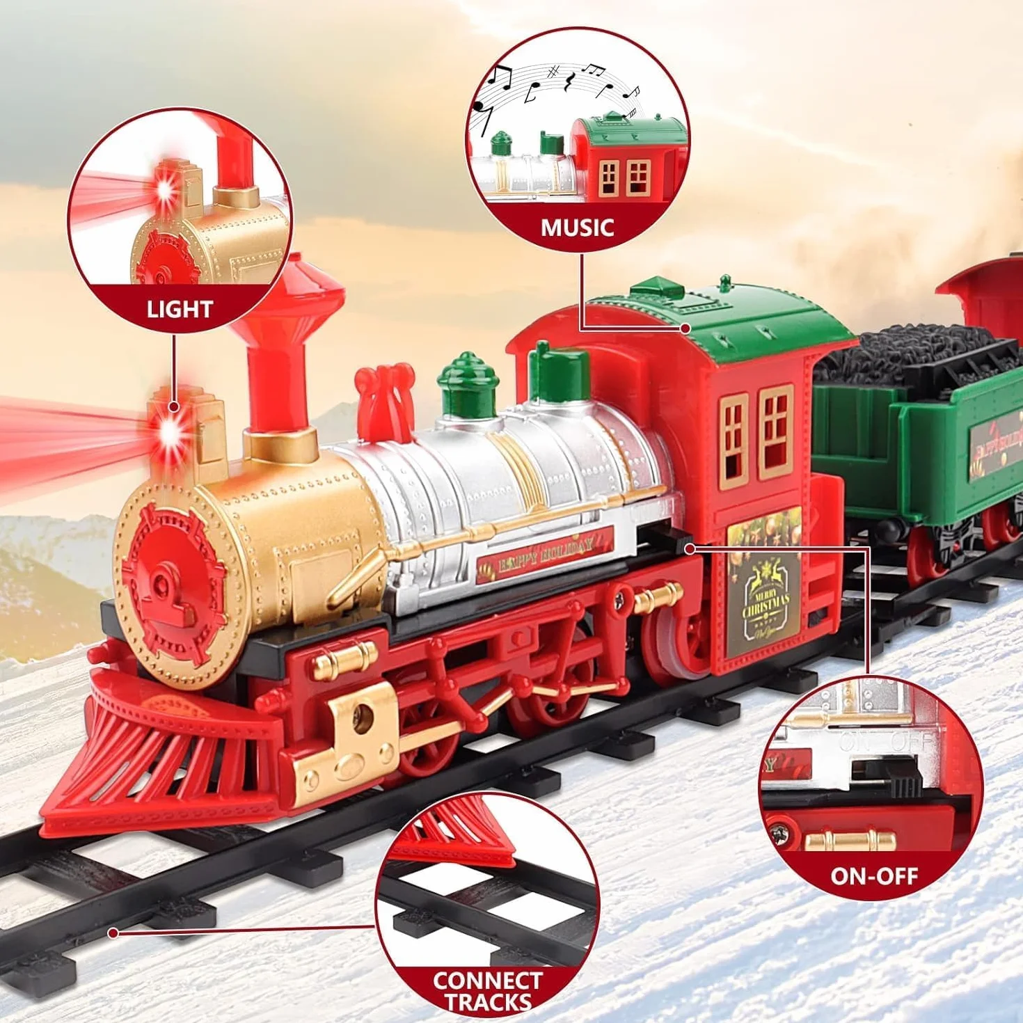 Trenino Elettrico per Bambini,Trenino Natalizio ，Luci e Suoni, Giocattolo con Binari Ferroviario, Set Pista Treno Elettrico, Regalo Natale Compleanno Educativo per Bambini