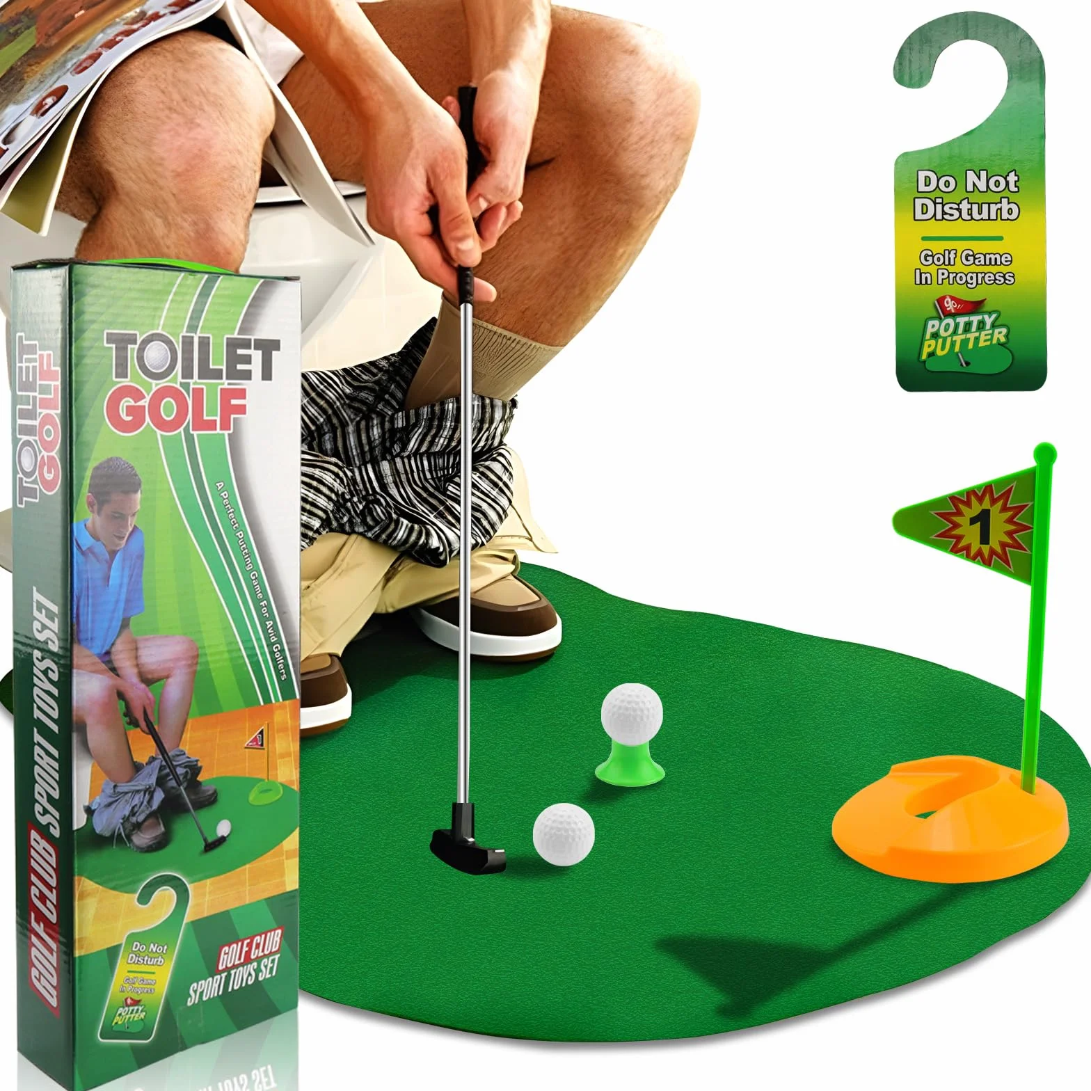 FAELNK Golf Toilet Game Golf Game Set Minigolf Adatto per Regali Divertenti per Giocatori di Golf con Mazza da Golf 65 cm, Tappetino da Golf, 2 Palline da Golf e Appendiabiti