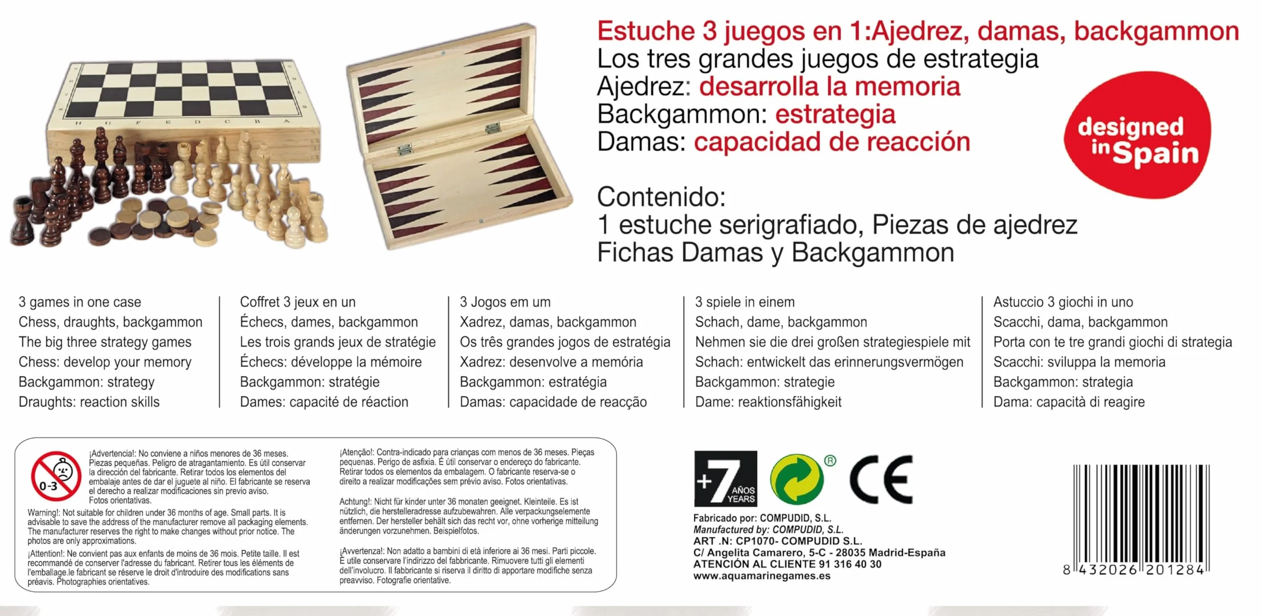 Aquamarine Games - Scacchi, Dama Backgammon, con confezione portatile in legno, 2 giocatori