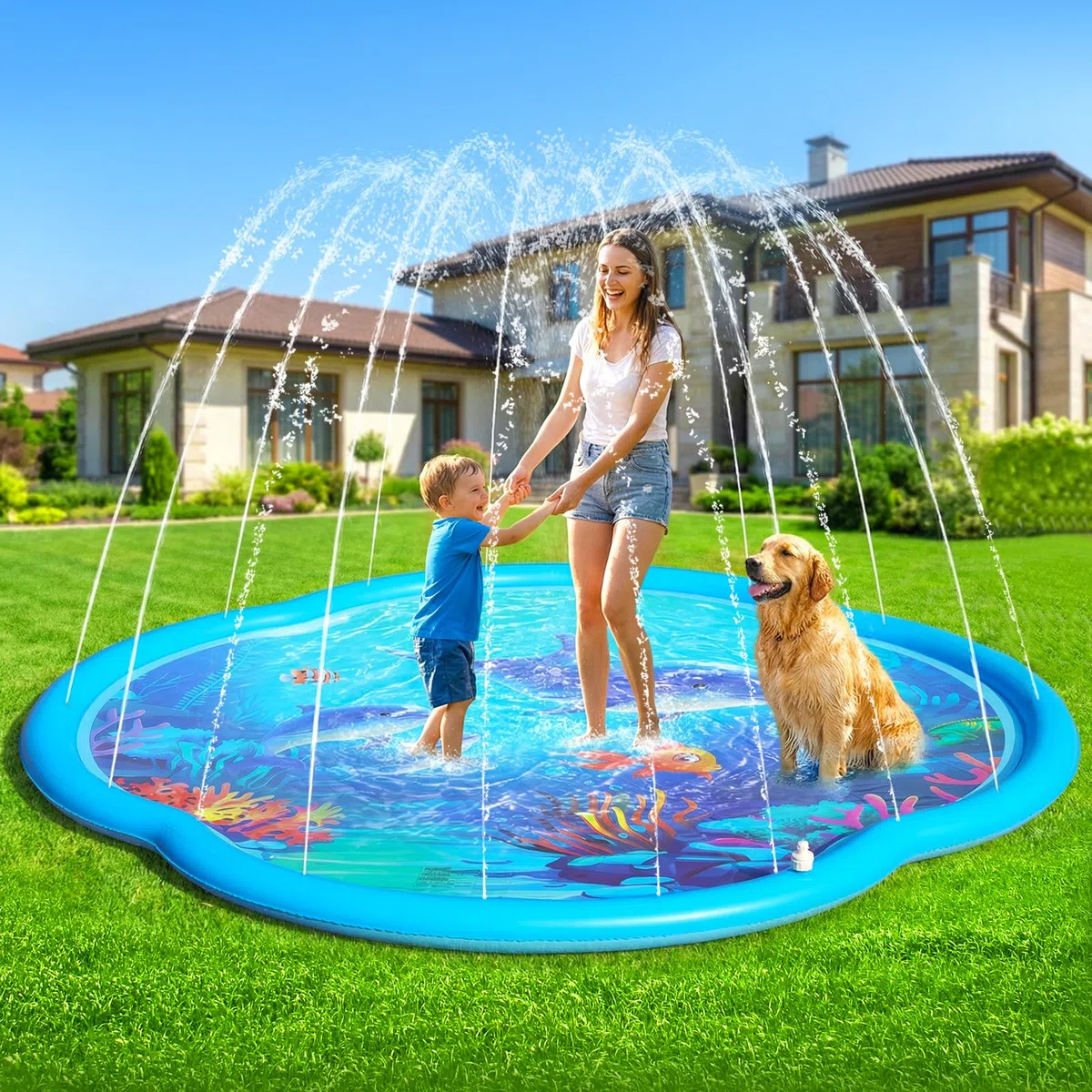 ChlorBlu Splash Pad, Irrigatore per Bambini e Cani, 186CM Piscina Gonfiabile Rotonda Sea World per Bambini, Tappetino da Gioco Acquatico Rinforzato per Esterni, Irrigatore Gonfiabile da Giardino