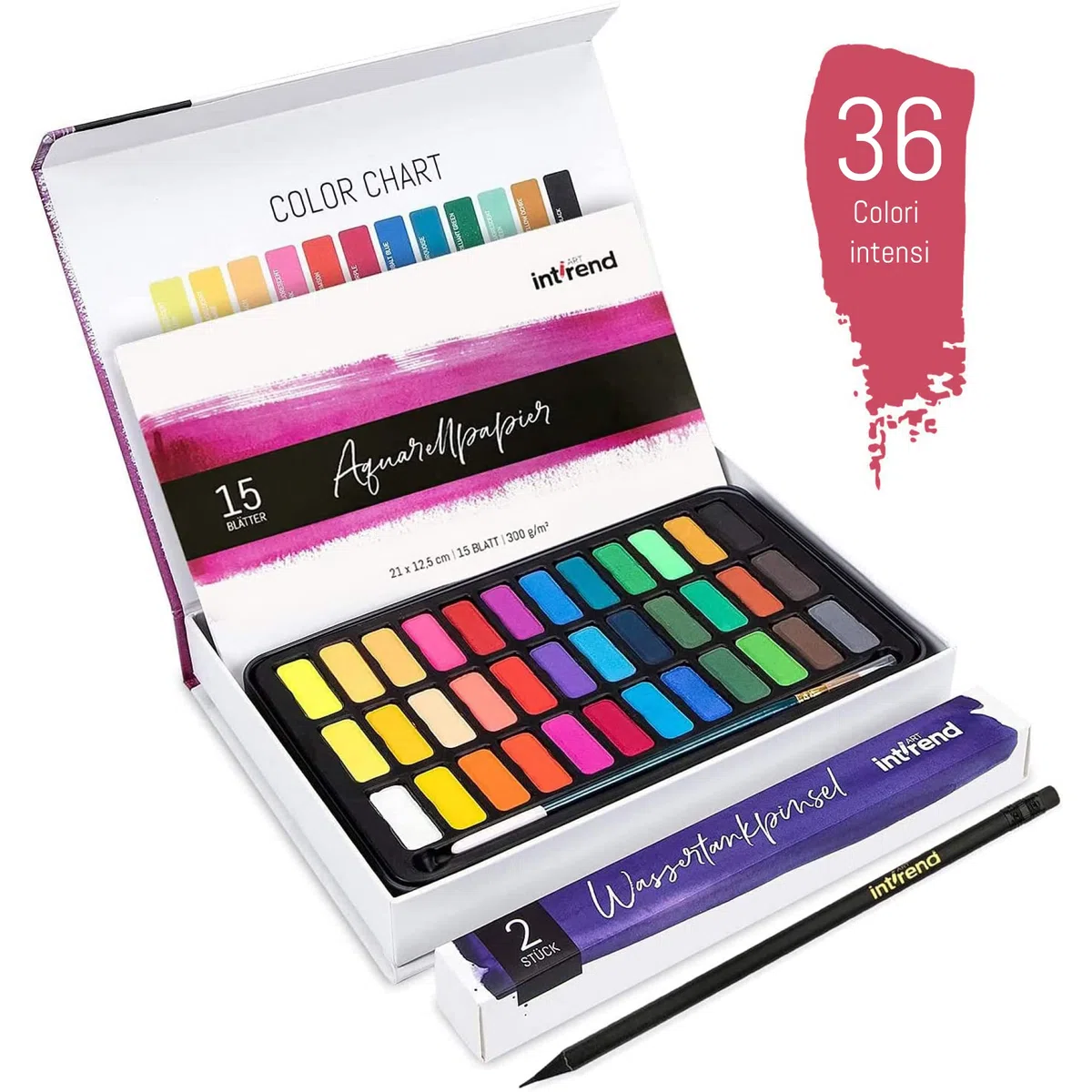 int!rend Set di Acquerelli Professionali di 55-36 Colori, 15 Fogli Acquerello, 2 Penne ad Acqua, 1 Pennello ed Una Matita - Kit Disegno ad Acquerello Professionale