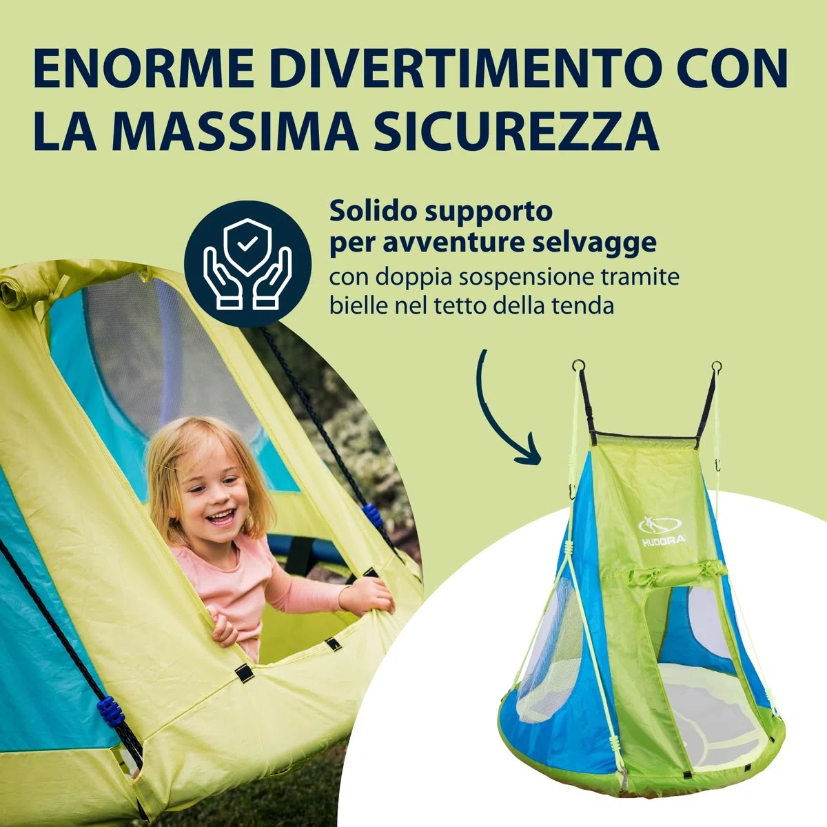 Tenda HUDORA Cosy Castle - copertura per altalena HUDORA nest 90 e 110/120 in blu/limone - tenda per altalena in poliestere per uso interno ed esterno - tettoia per altalena per bambini e adulti