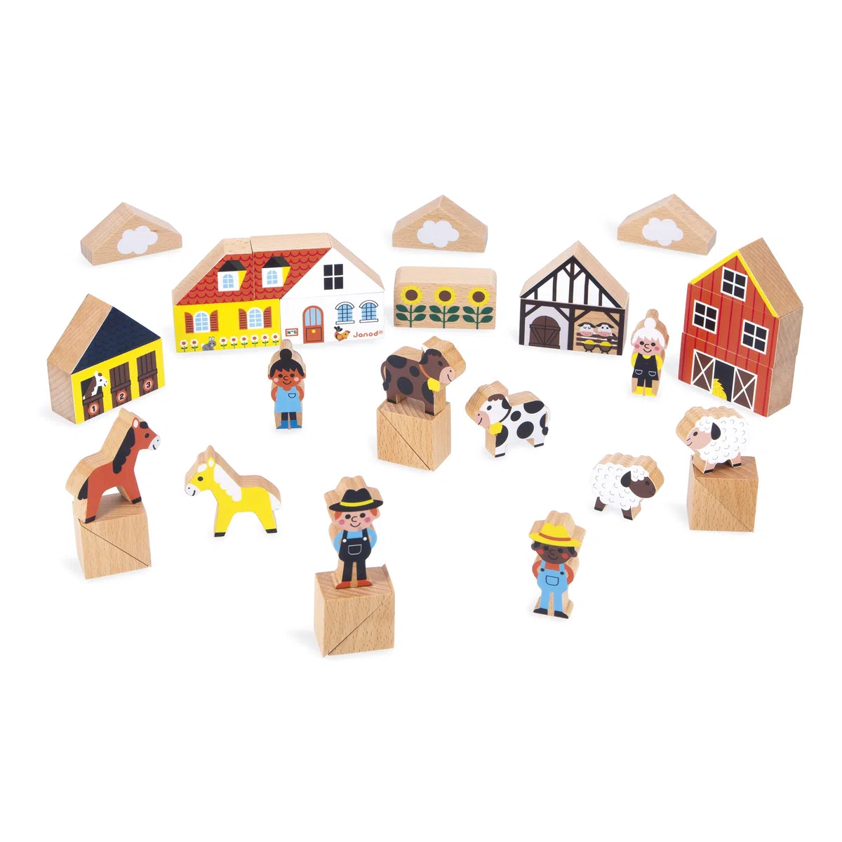 Janod Set di 34 cubi in Legno Massiccio, Tema Country, Complemento Ottime ai tappetini per Auto, Gioco di Costruzione, Sviluppa l'immaginazione, Giocattolo in Legno FSCTM, da 2 Anni, J05937