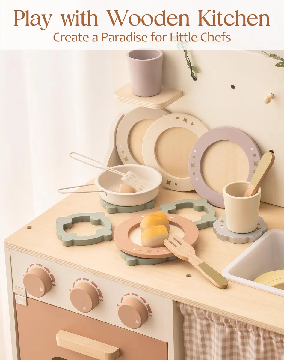 ROBUD Set di piatti da cucina in legno, 29 pezzi, piatti e posate giocattolo per bambini, accessori per la cucina, regali per bambini per ragazze e ragazzi (set da 4)