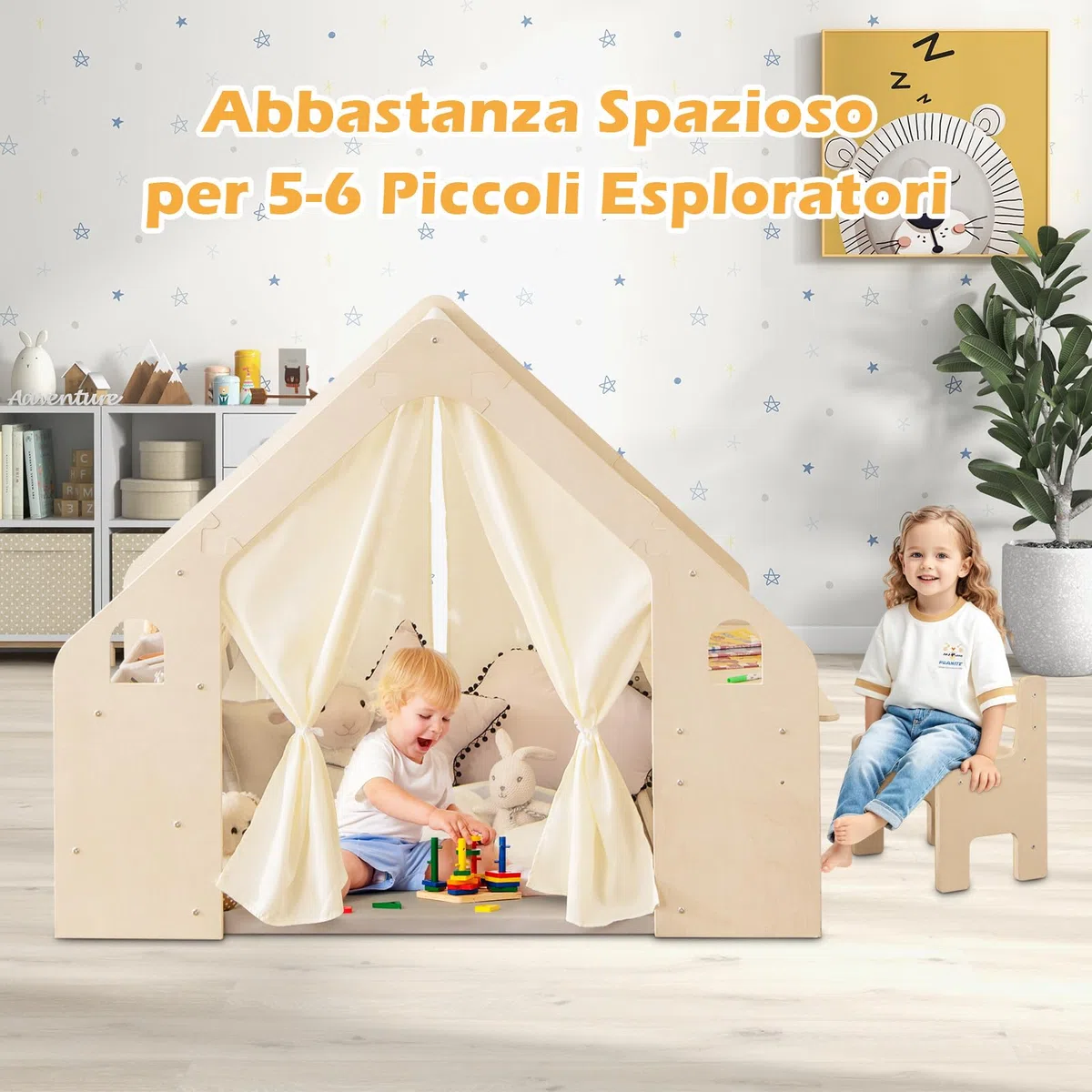 RELAX4LIFE 6 in 1 Tenda per Bambini con Casetta in Legno, Tavolino, Seida, Lavagna, 6 Scatole Portaghiochi, Tapettino Rimovibile, Per Cameretta, Asilo
