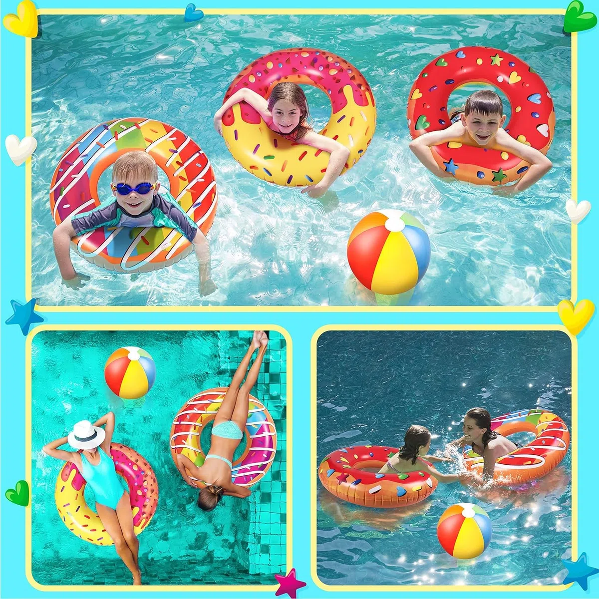LATERN 5 Pezzi Ciambella Galleggianti Gonfiabili dello Stagno, 4 Pezzi 75CM Anelli Tubi da Nuoto a Ciambella con 35CM Palloni da Spiaggia - per Bambini Adulti Spiaggia Nuoto Piscina Festa