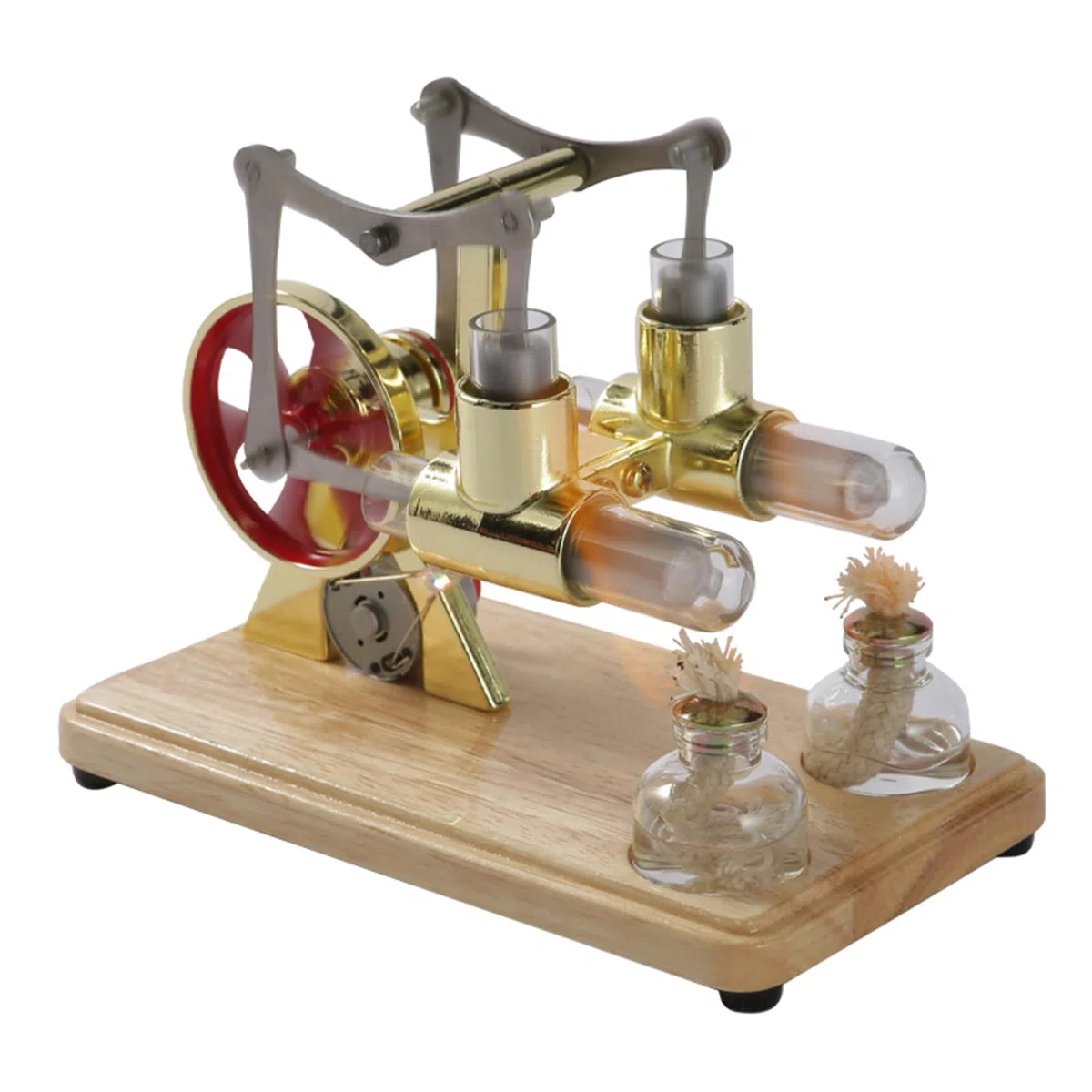 ZJchao Motore Stirling, Kit Motore a Vapore Bilancia Bicilindrica con Base in Rovere e Lavorazione a Goccia per Esposizioni Educative e Intrattenimento per Bambini (Gold)