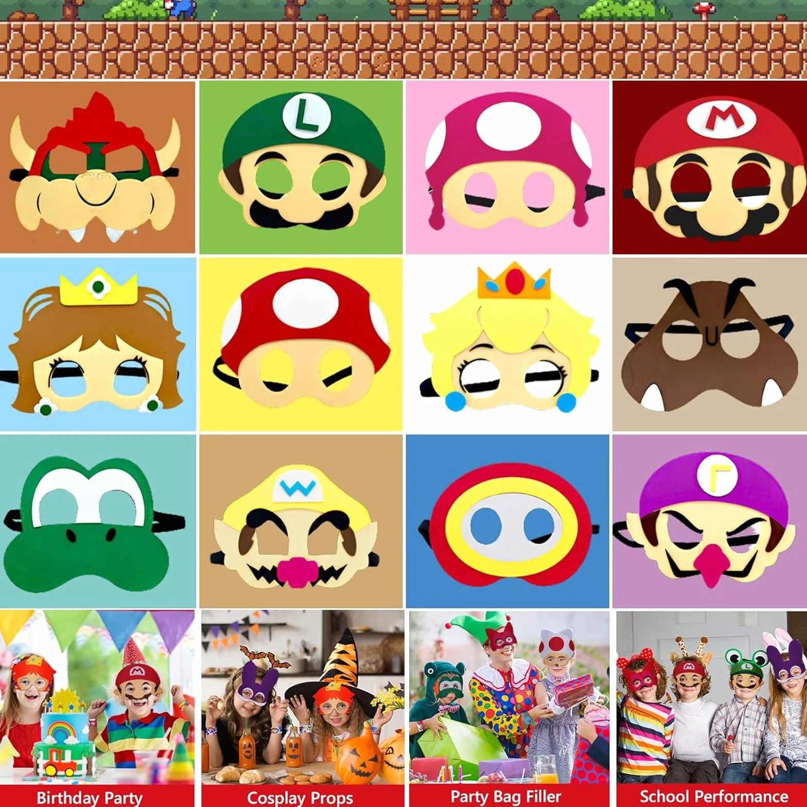 12 Pezzi Mario Maschere Animali, Maschere da Festa Cosplay, Maschere per Feste in Feltro, Festa in Maschera per Bambini e Adulti (Mehrere Stile)