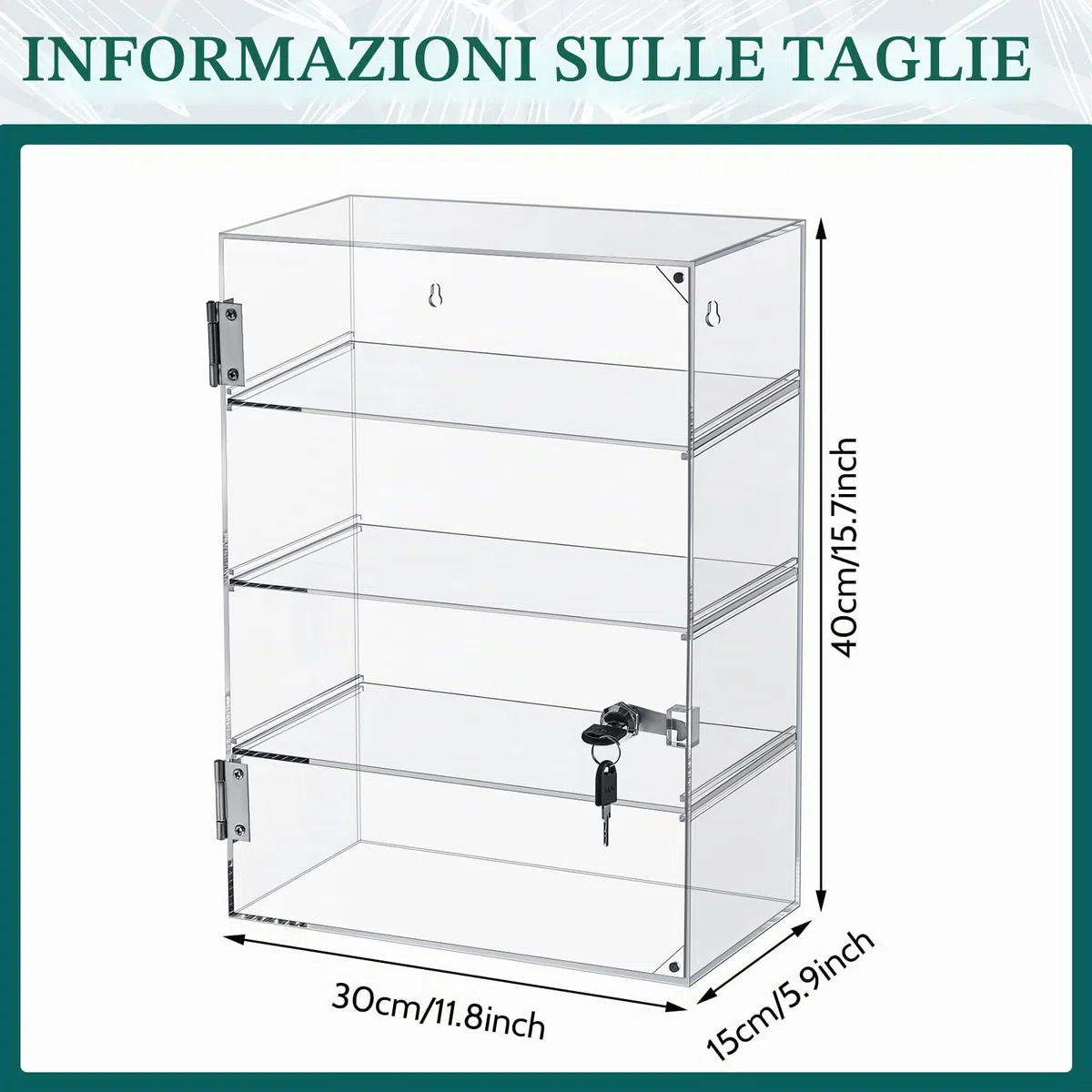 Barydat Vetrina in acrilico con serratura e chiave, vetrina trasparente, vetrina multi funzionale, sicura per negozi al dettaglio (4 ripiani rimovibili, 30 x 15 x 40 cm)