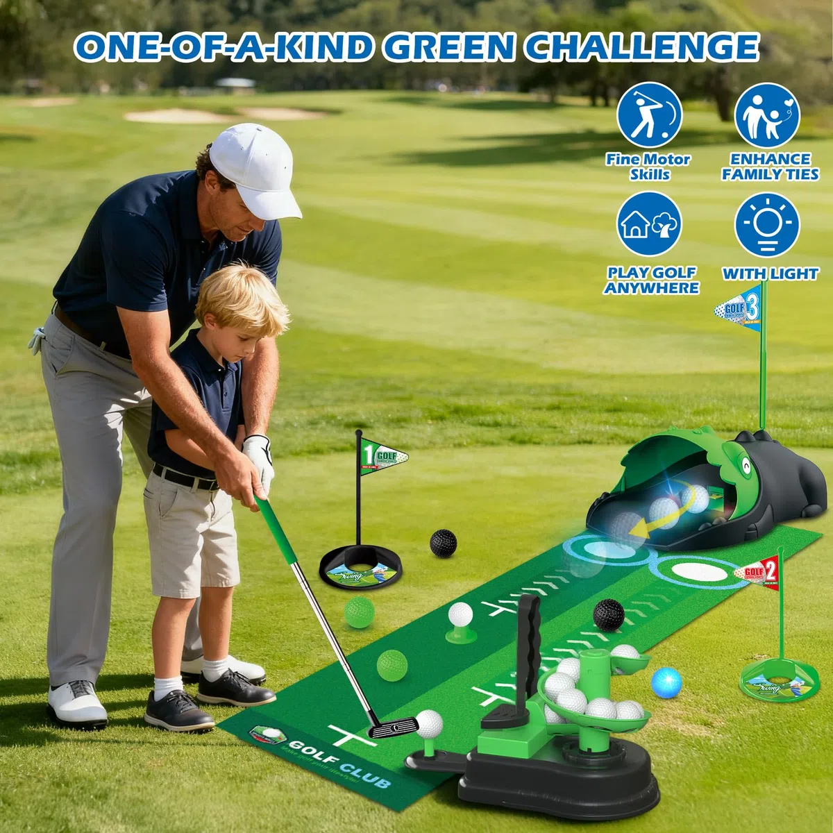 TERRAMUS Set da golf per bambini aggiornato, giocattoli da golf 3 in 1 con dinosauro, ritorno automatico della palla e lanciatore di palline, palline luminose a LED mini giocattolo da golf per età 3-8